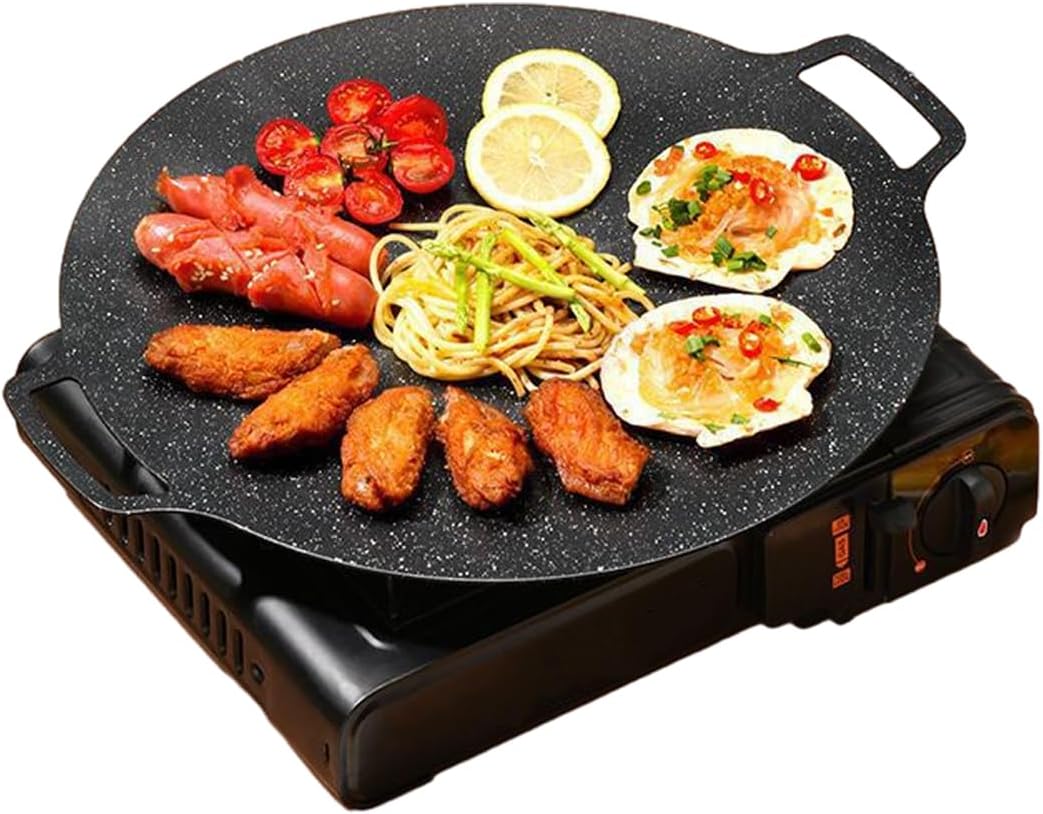 Sartén coreana para barbacoa, parrilla redonda con revestimiento antiadherente de 6 capas, sartén coreana de aluminio con asas dobles para asar
