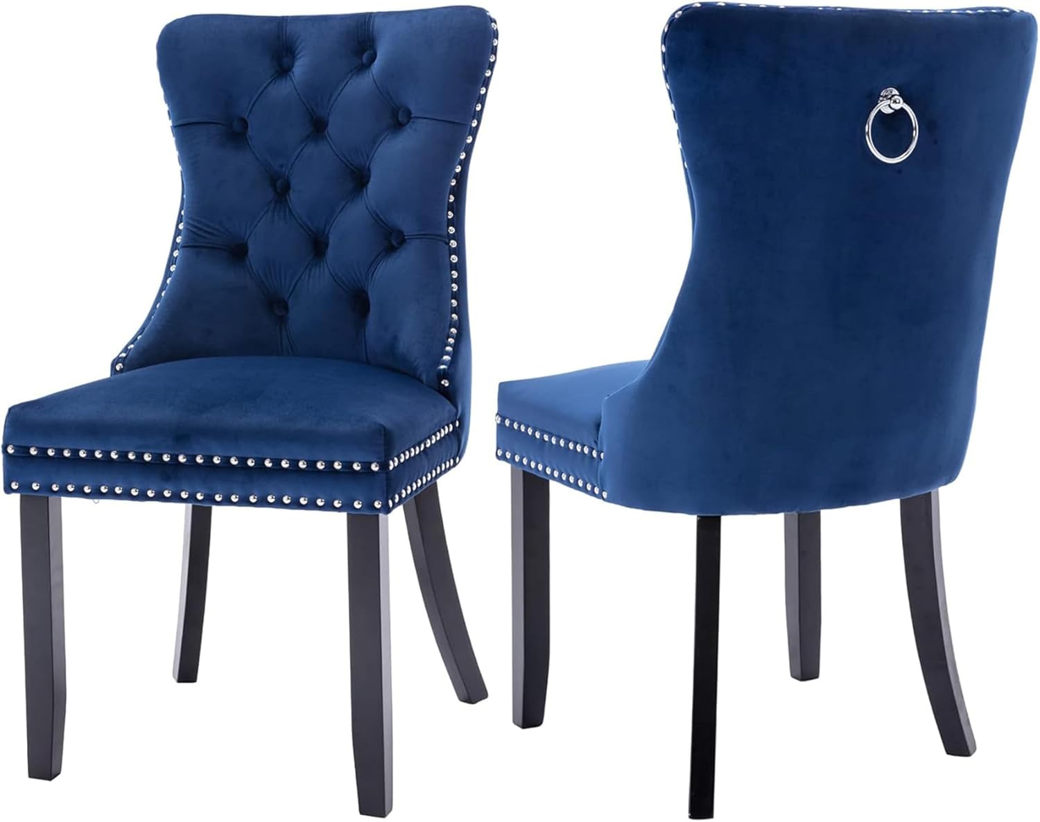 Juego de 2 sillas de comedor tapizadas con botones, juego de sillas de comedor de cocina con respaldo de alas y patas de madera maciza (azul, 1 par)