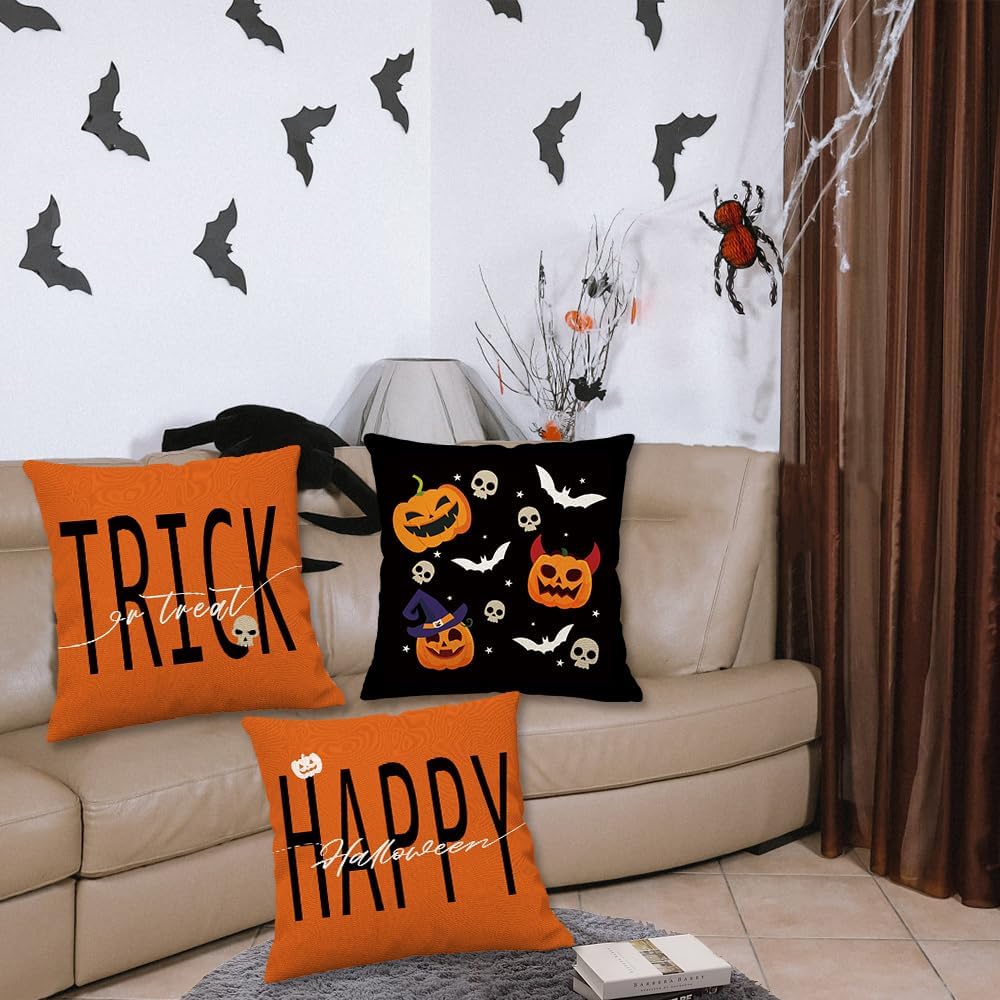 Juego de 4 fundas de almohada de Halloween de 20 x 20 pulgadas, juego de 4 fundas de almohada de truco o trato, negro, blanco, fantasma, bruja,