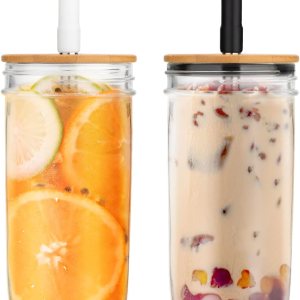 Tronco Juego de 2 vasos de vidrio, vasos de boca ancha de 24 onzas con tapas y popotes de bambú, bonita botella Boba, vasos de café helado, vaso de Tronco Juego de 2 vasos de vidrio, vasos de boca ancha de 24 onzas con tapas y popotes de bambú, bonita botella Boba, vasos de café helado, vaso de