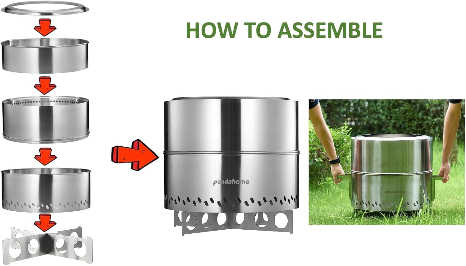 PANDAHOME Fogata sin humo con cenicero extraíble  Chimenea portátil de leña con soportes, hoguera XL al aire libre para campamento, acero inoxidable