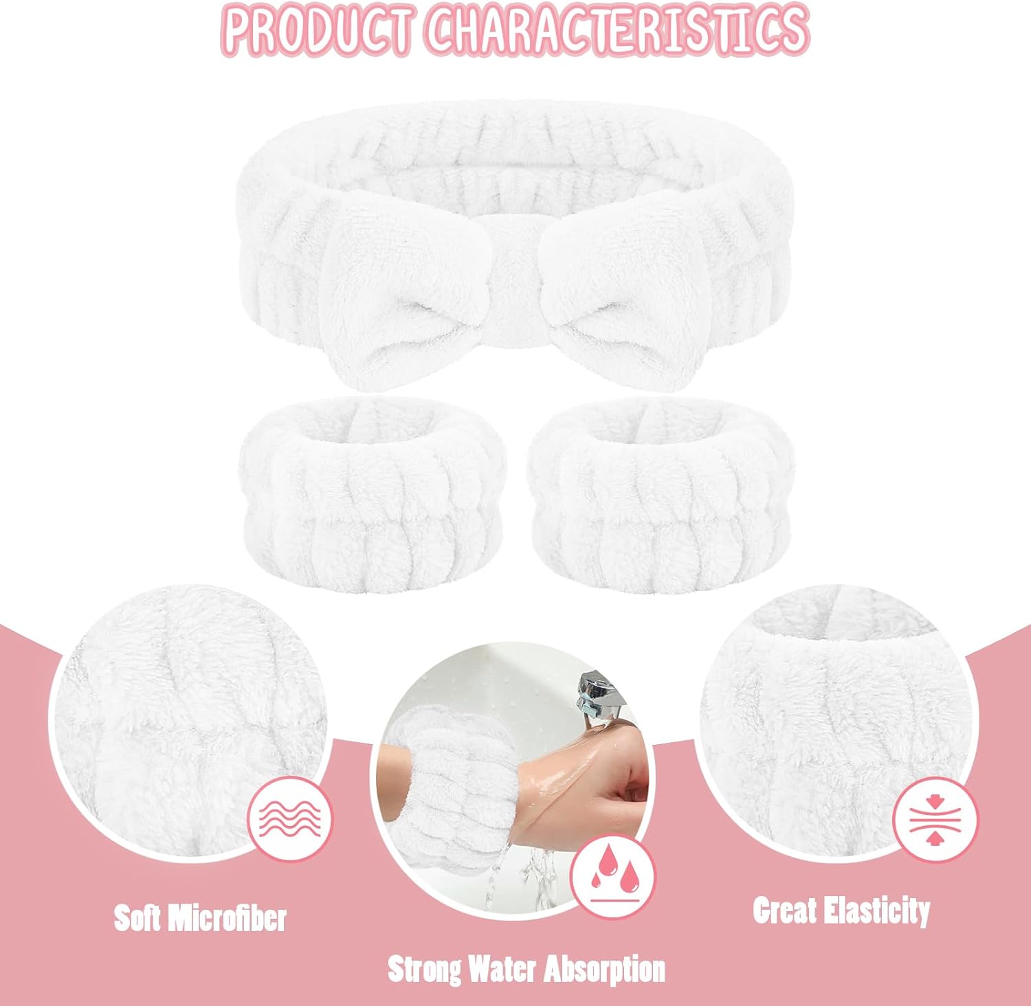 Juego de 2 diademas y muñequeras para lavado de cara, toallas de muñeca para lavar la cara con soporte, pulseras de microfibra para lavar la cara,