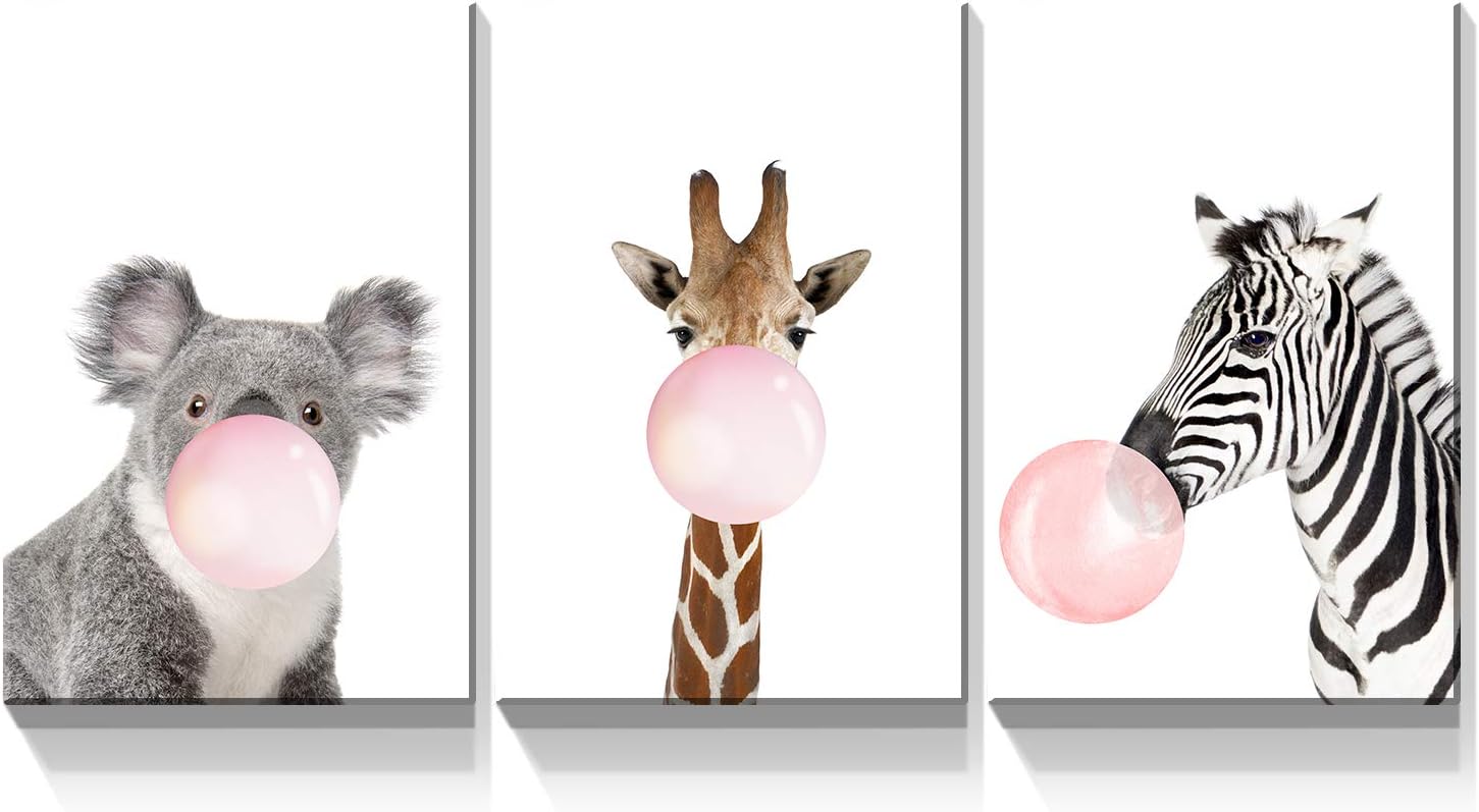 Denozer – 3 paneles de arte en lienzo para la pared – Jirafa cebra koala rosa goma de mascar animales, arte moderno para decoración del cuarto del