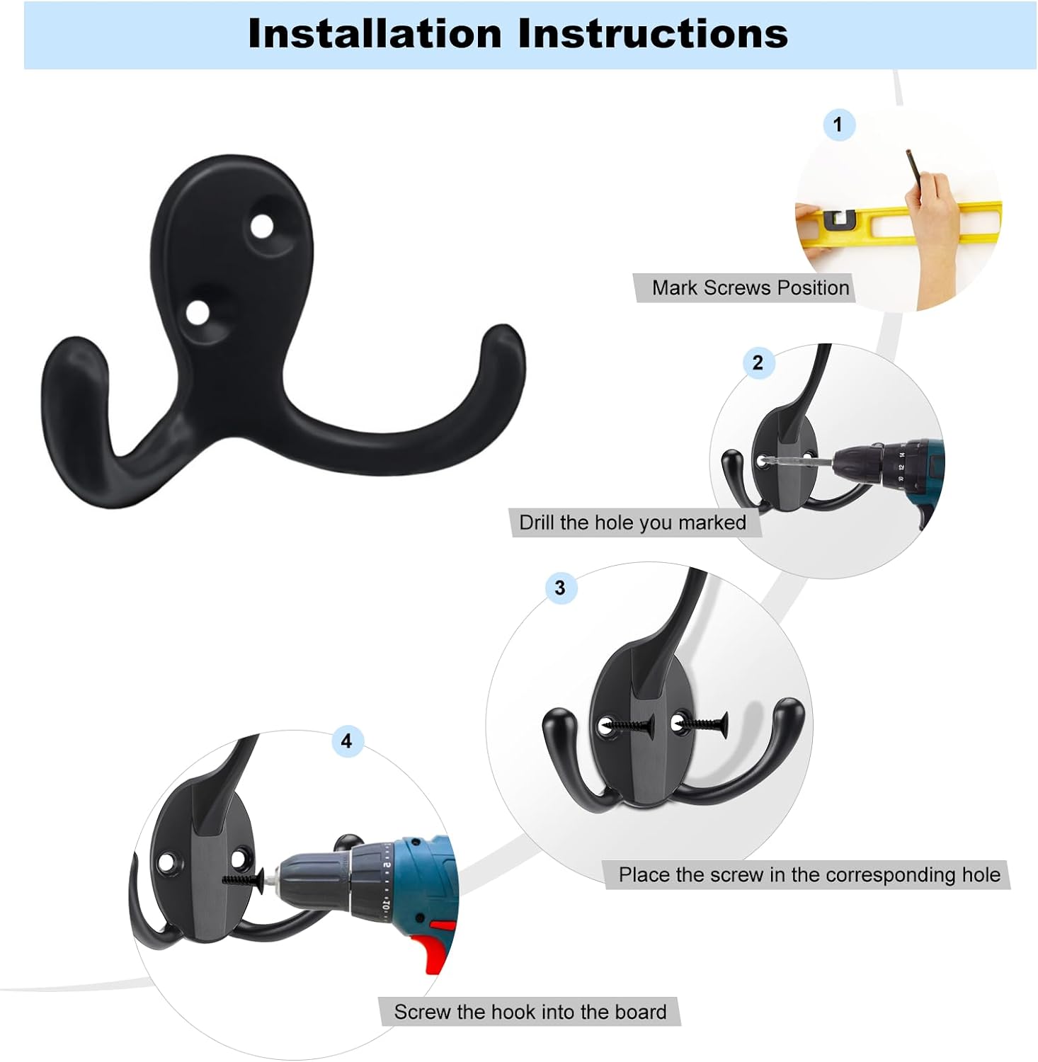 Paquete de 4 ganchos de pared para colgar abrigos, resistentes, ganchos negros para toallas, colgador doble de metal con tornillos retro para