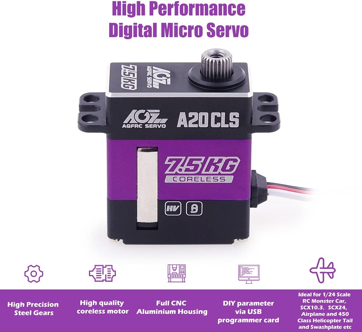 AGFRC Micro RC-SCX24-Servo de 16.5 lbs de alto par – Servo digital CNC delgado sin núcleo SCX24 Dirección Servo de excavación programable con