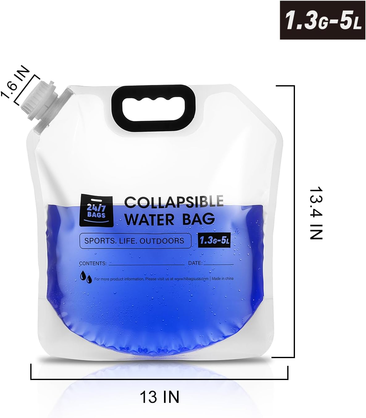 Paquete de 4 bolsas plegables para contenedores de agua de 1.3 galones5 litros, resistente con asas de transporte, caminatas, viajes, emergencias