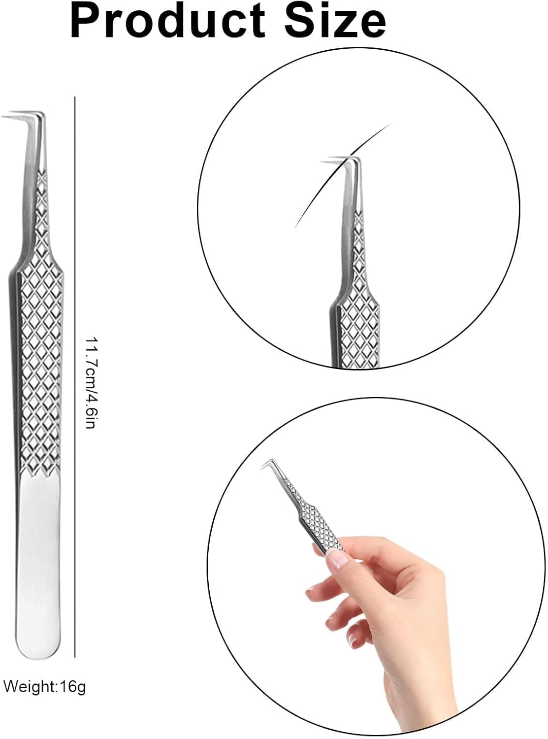 Pinzas para extensiones de pestañas, punta de acero inoxidable de precisión, curvada recta, 90 grados, pinzas profesionales de fibra de agarre