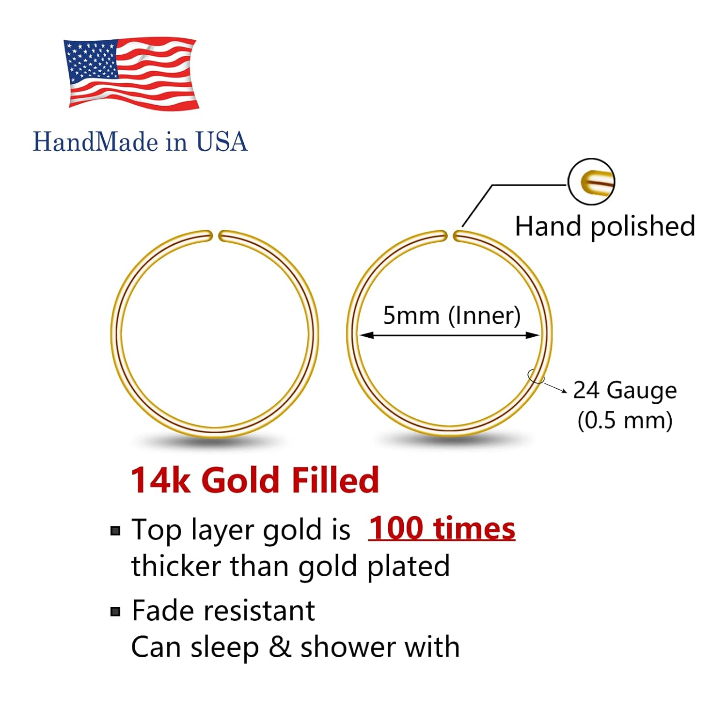 Small Gold Sterling Silver Huggie Hoop Earrings for Women Cartilage Nose Helix Tragus (Gold, 5mm 24 gauge  1 pair)