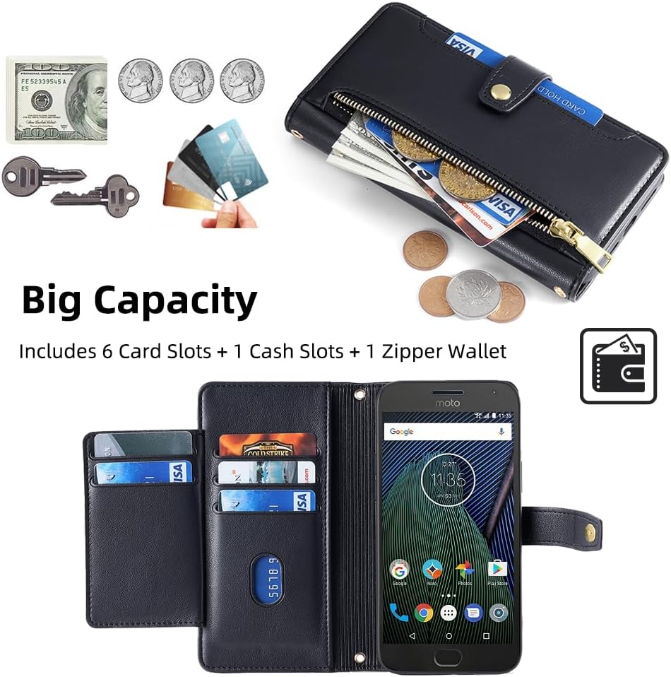 Asuwish Funda de teléfono para Moto G5 Plus Funda tipo cartera y protector de pantalla con cremallera para tarjetero, soporte de cuero para celda,