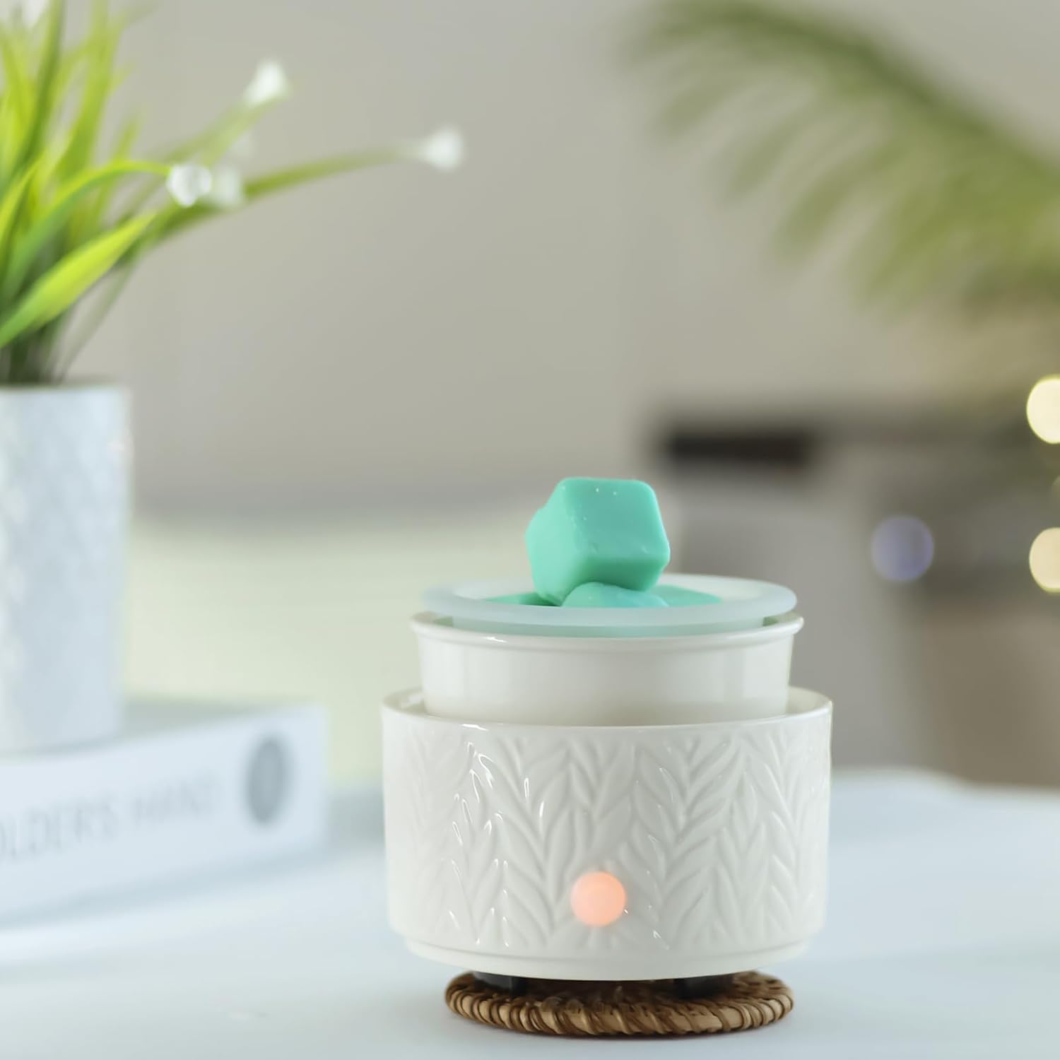 EQUSUPRO Calentador de cera para cera perfumada  con 1 calentador de cera de silicona para platos, calentador de cera de cerámica 3 en 1, quemador