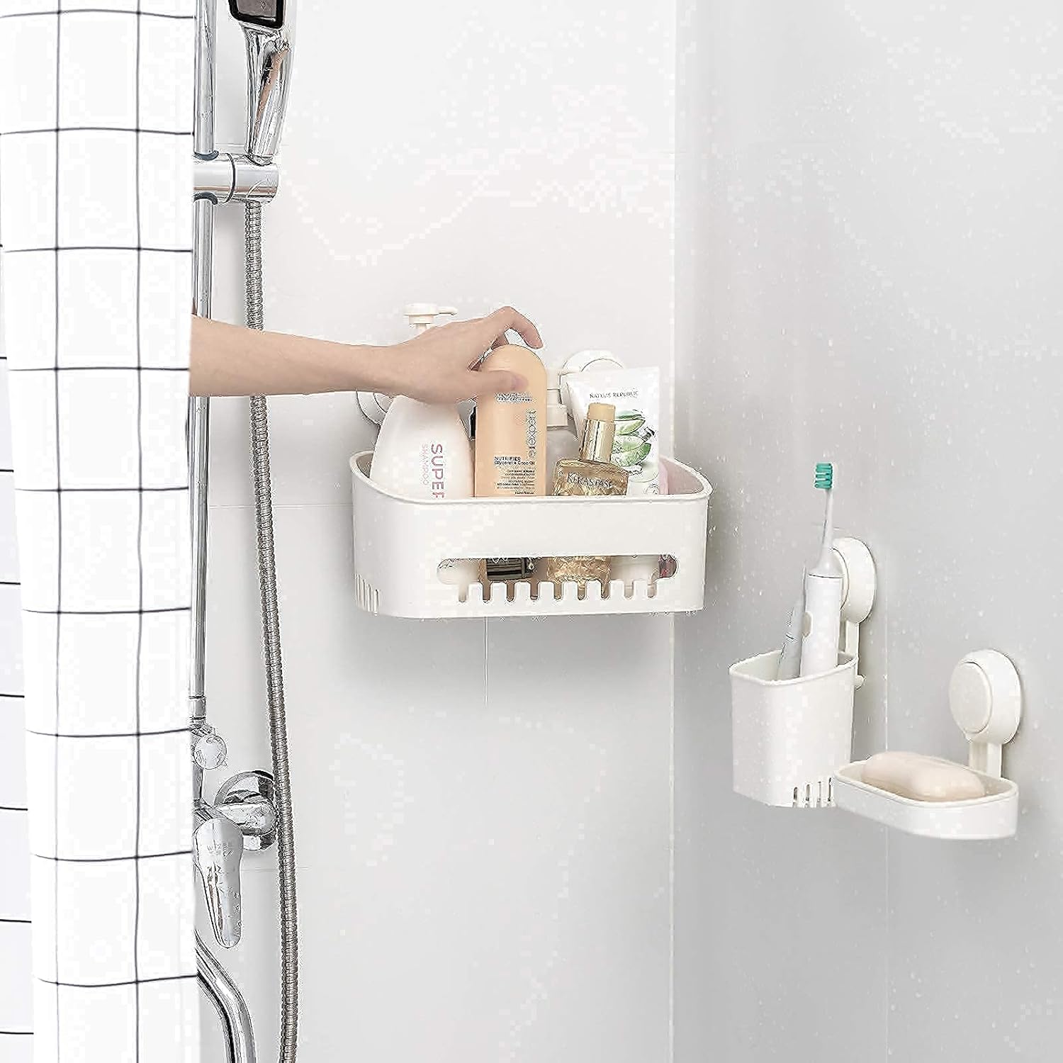 LEVERLOC Organizador de ducha y soporte para jabón y cepillo de dientes, ventosa para jabonera, instalación de un segundo, sin perforaciones, juego
