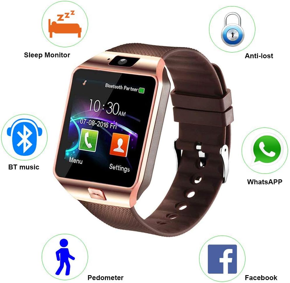 Reloj inteligente Padgene DZ09Bluetooth, con cámara, para Samsung S5, Note 234, Nexus 6, HTC, Sony y otros celulares Android, 1, Dorado, Blanco