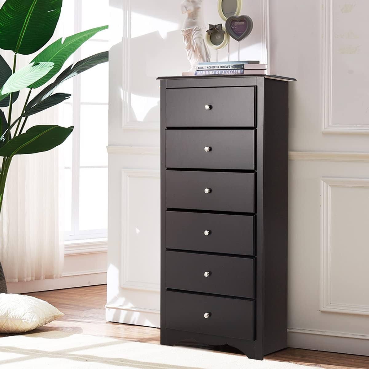Cómoda de 6 cajones, pecho de 53.5 pulgadas de alto, armario de almacenamiento de pie con pomos de metal, cómoda de madera para armario, dormitorio,