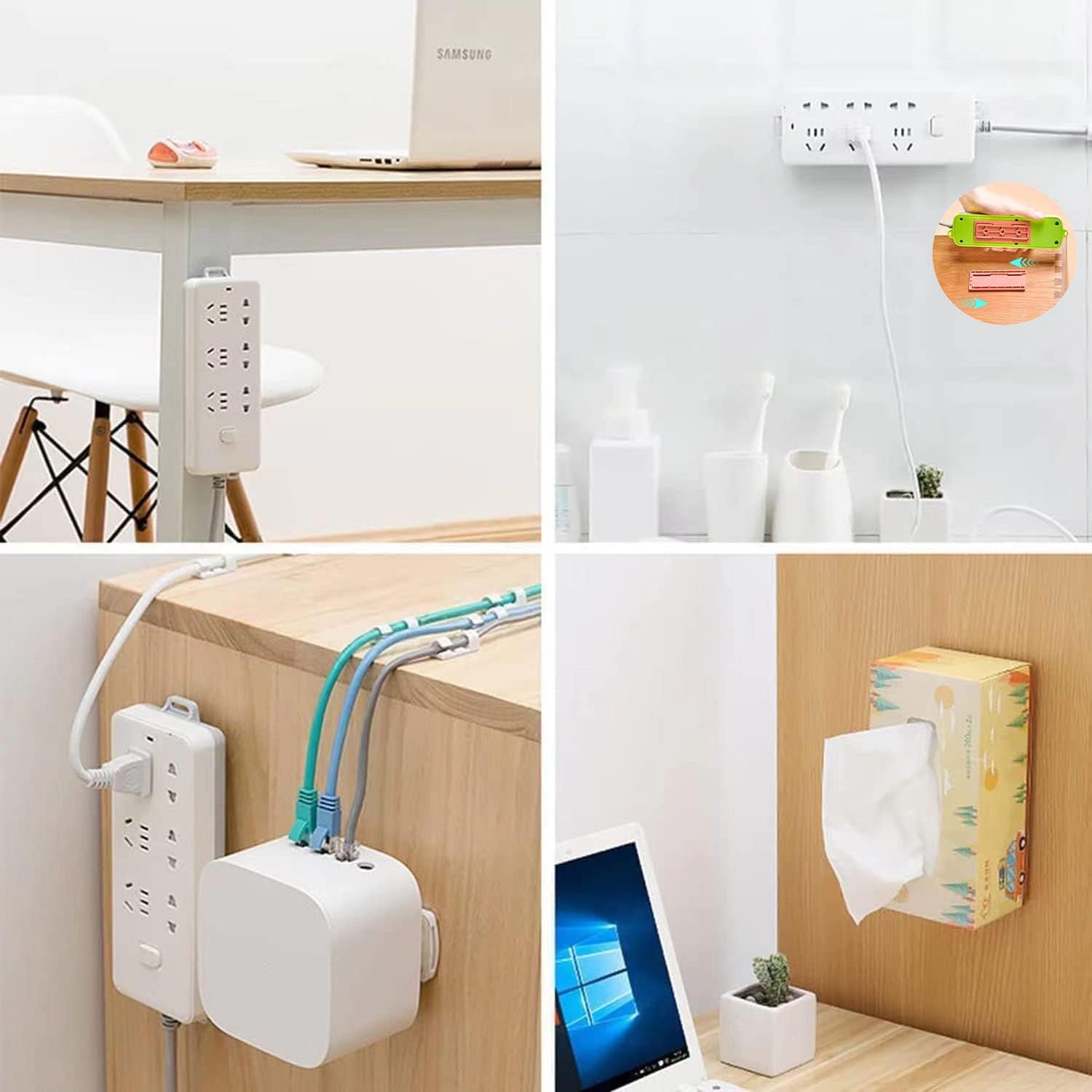 Soporte de regleta de alimentación de 12 piezas, soporte adhesivo sin perforaciones, fijador de escritorio autoadhesivo, protector de sobretensiones