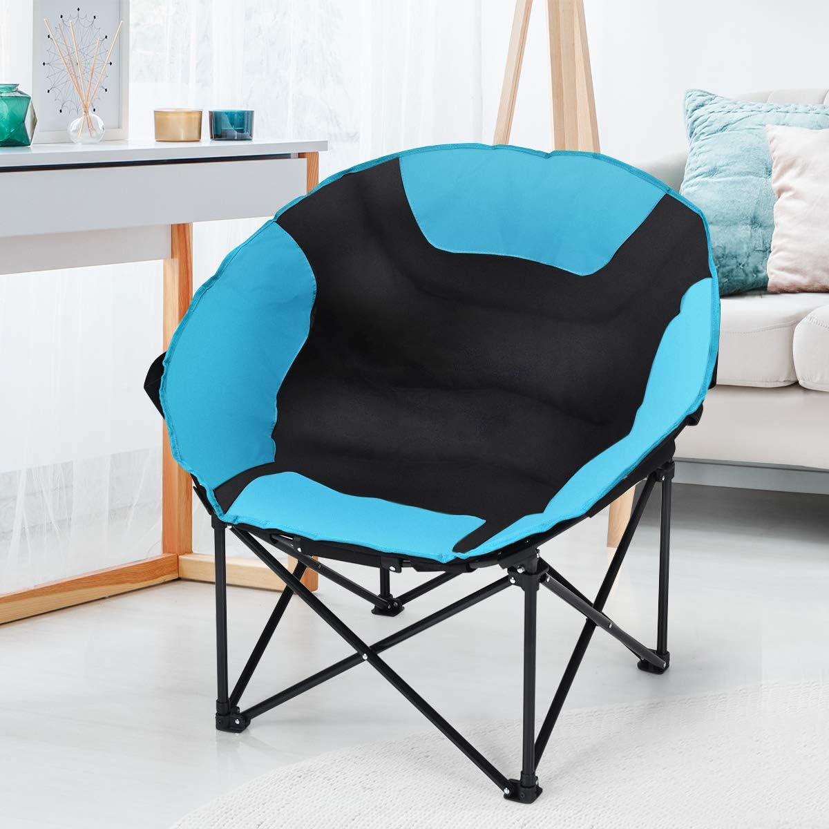 Giantex Silla plegable para campamento, silla de luna con platillo de luna, silla de playa ligera con asiento acolchado suave, soporte para tazas,
