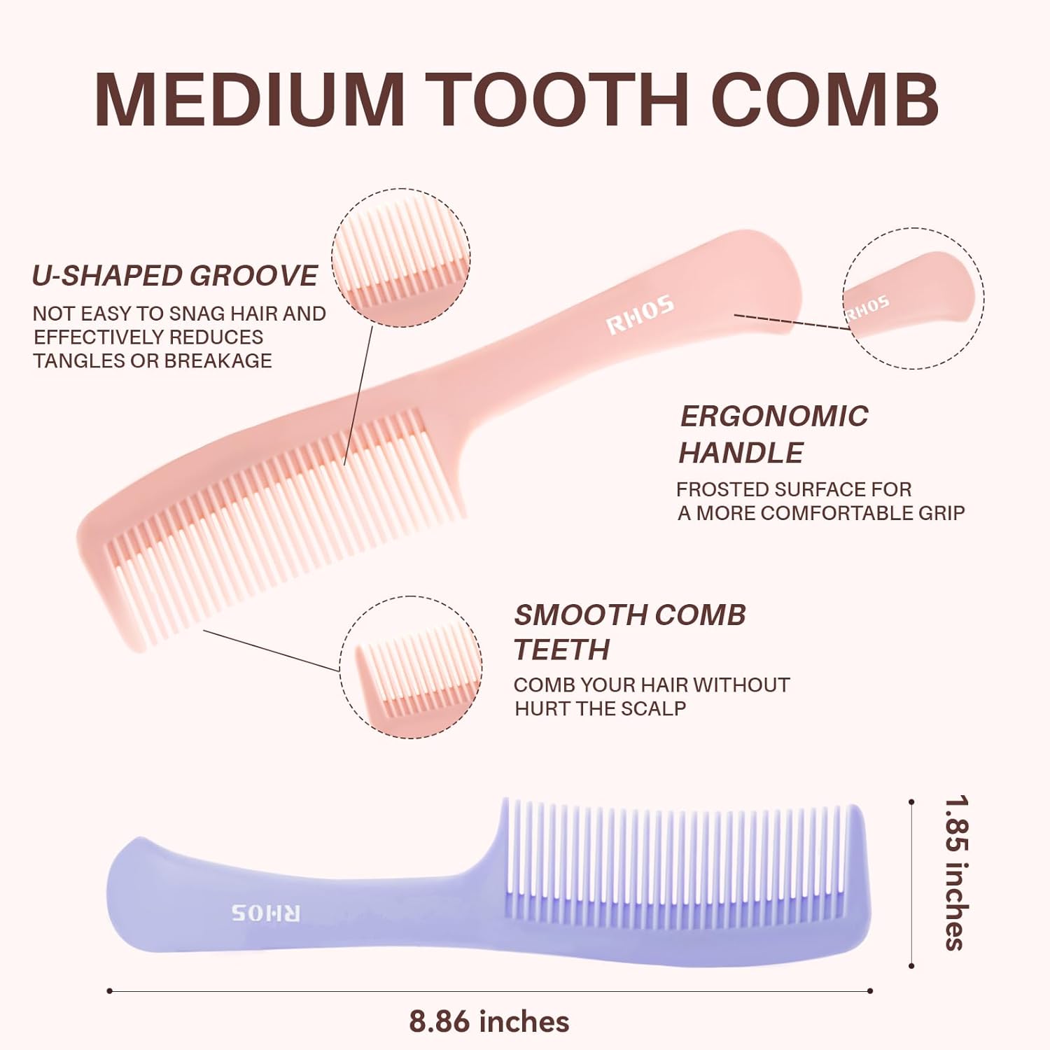 RHOS Peine desenredante para el cabello para mujer, juego de peine para cabello rizado, liso, corto y grueso, peine de dientes medianos para cabello