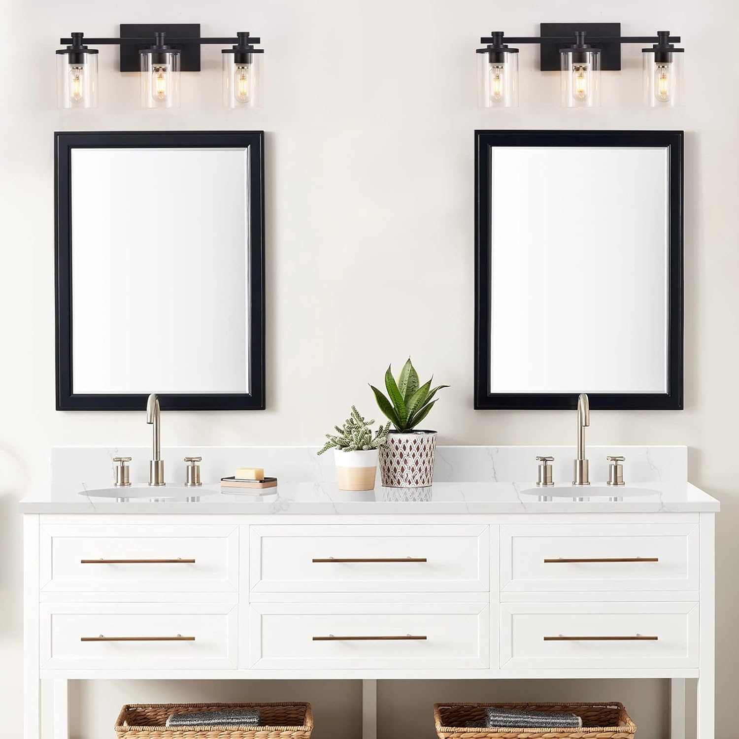DADUL Lámparas de baño de 3 luces, lámparas de tocador de baño negro mate sobre el espejo, apliques de pared de baño para dormitorio, pasillo, sala