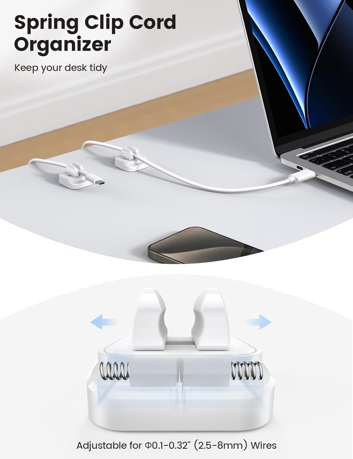 Lamicall – Paquete de 10 clips de soporte de resorte de cable, organizador de cables para escritorio, clip de cable ajustable, organizador de