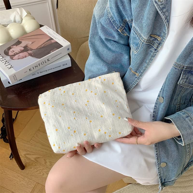 PAZIMIIK Bolsas de maquillaje para monedero, bolsa de cosméticos con cremallera, Algodón Margarita Beige, Margarita