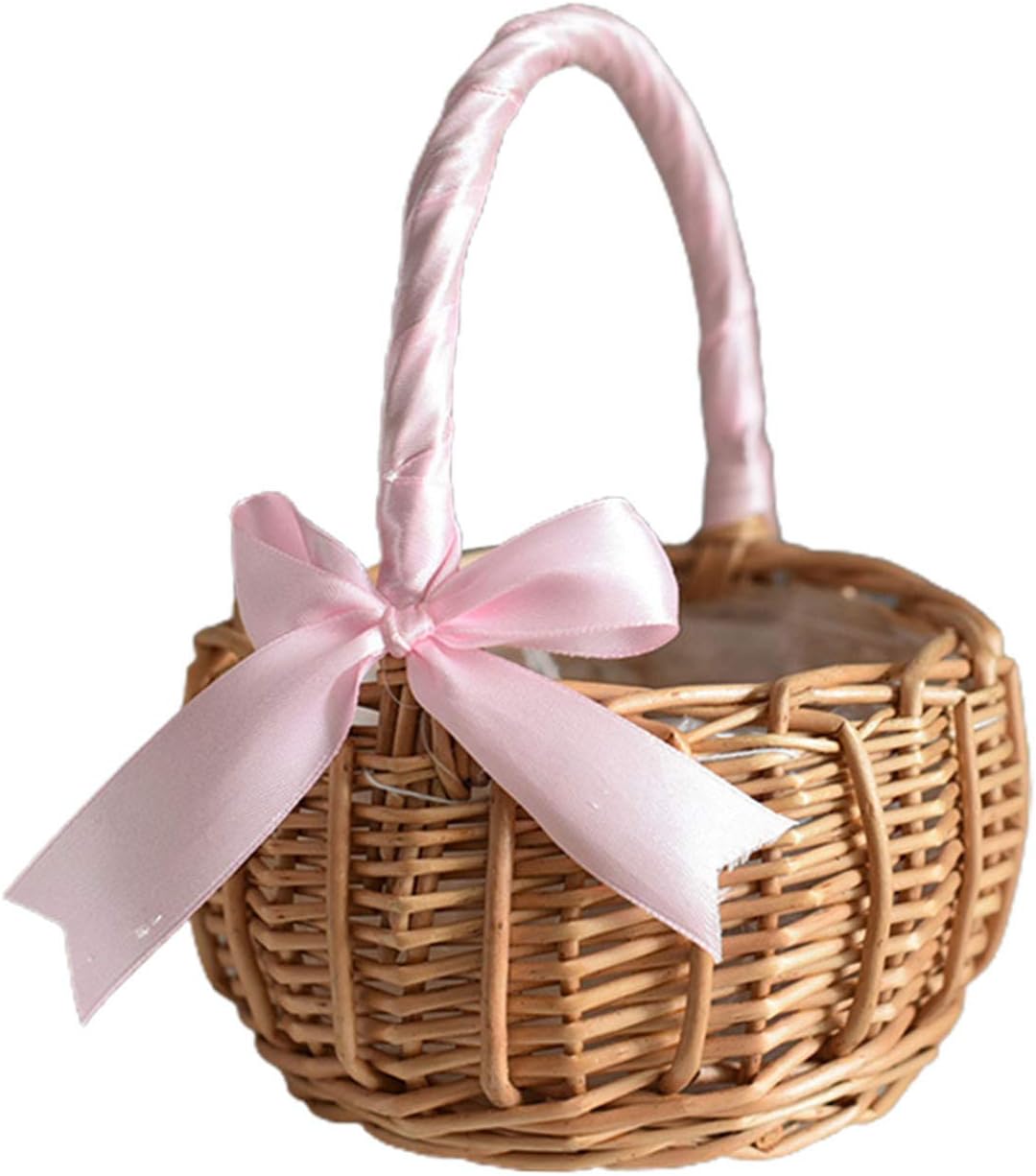 Cesta de flores de mimbre de ratán, cestas de niña de flores de boda, cesta tejida a mano de sauce con asas e inserto de plástico, cesta de dulces