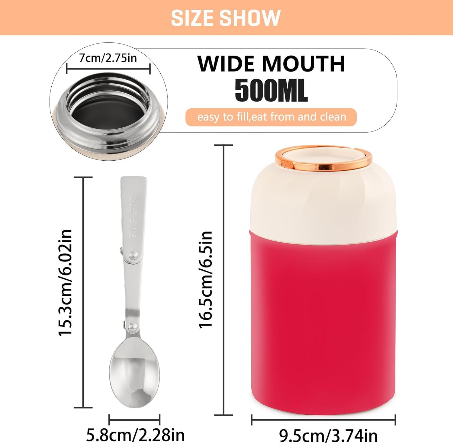Crimson Kids – Recipiente aislado de alimentos para mujer con cuchara de 17 onzas  16.9 fl oz, lonchera aislada al vacío de acero inoxidable con