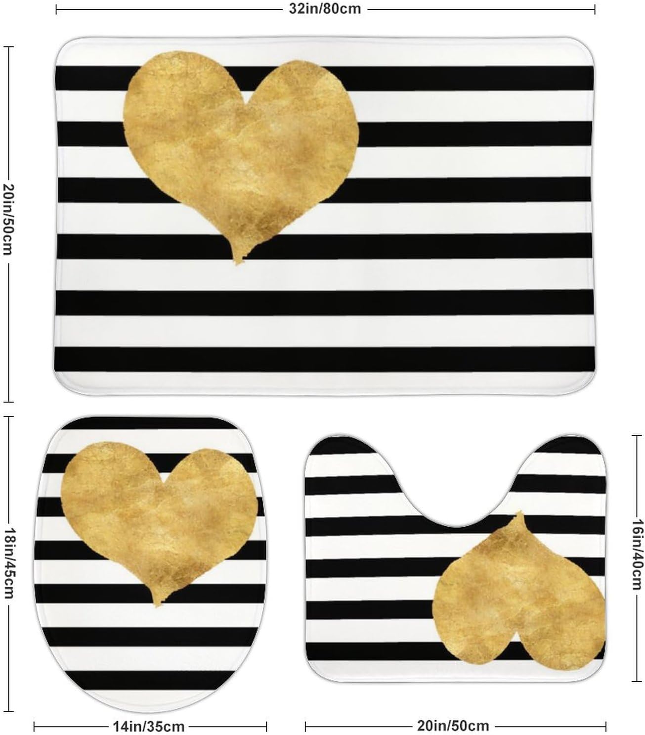 Juego de alfombras de baño de 3 piezas, ultra suaves y antideslizantes, a rayas blancas y negras con corazón dorado, alfombra de baño absorbente con