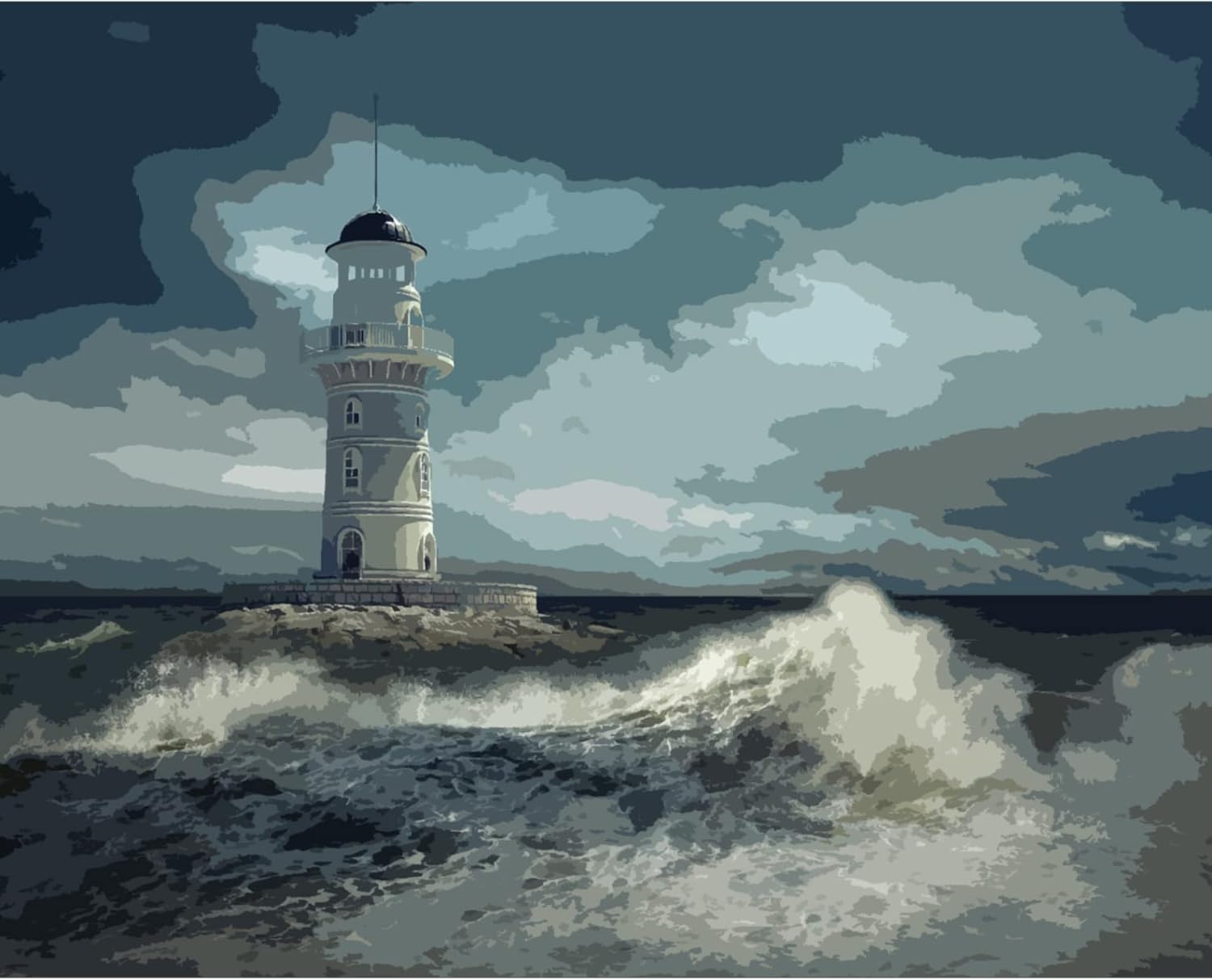 Pintura de faro de fantasía, pintura dramática por números, 16 x 20 pulgadas, lienzo para bricolaje, pintura al óleo del océano tropical, para