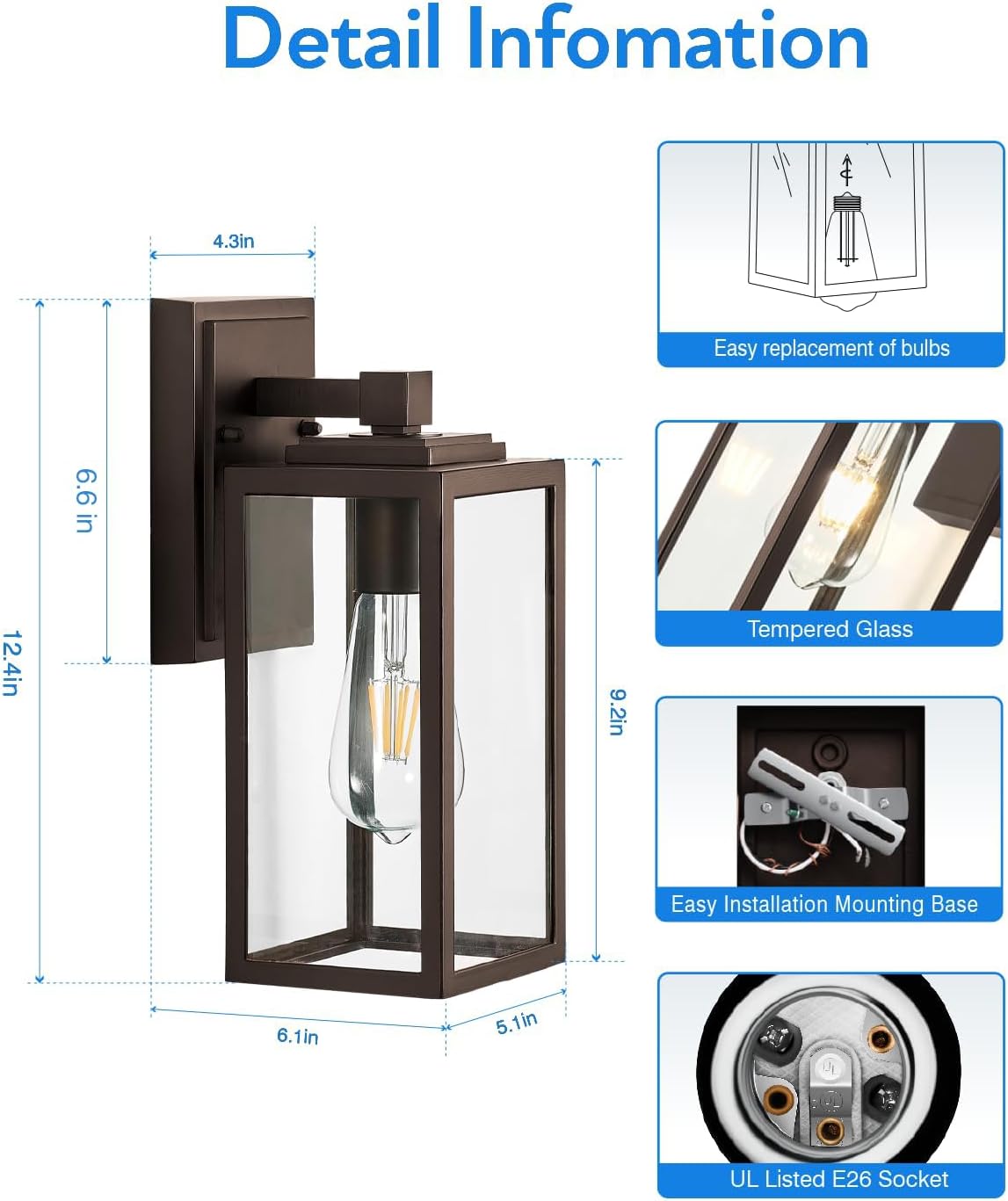 VIANIS Luces de pared para exteriores, montaje en pared, farol marrón para porche, bronce aceitado resistente a la intemperie, luces para
