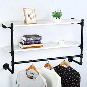 Estante industrial de la ropa del tubo montado en la pared con estante de madera,Estante de la ropa al por menor rústico estante de la exhibición de Estante industrial de la ropa del tubo montado en la pared con estante de madera,Estante de la ropa al por menor rústico estante de la exhibición de