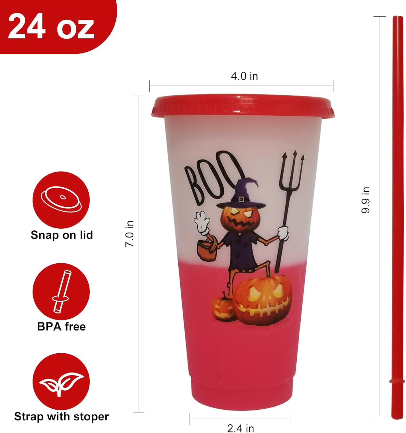 Aodse Vasos que cambian de color de Halloween con tapas y pajitas, paquete de 10 vasos de plástico de 24 onzas con castillo, calabaza, gato negro