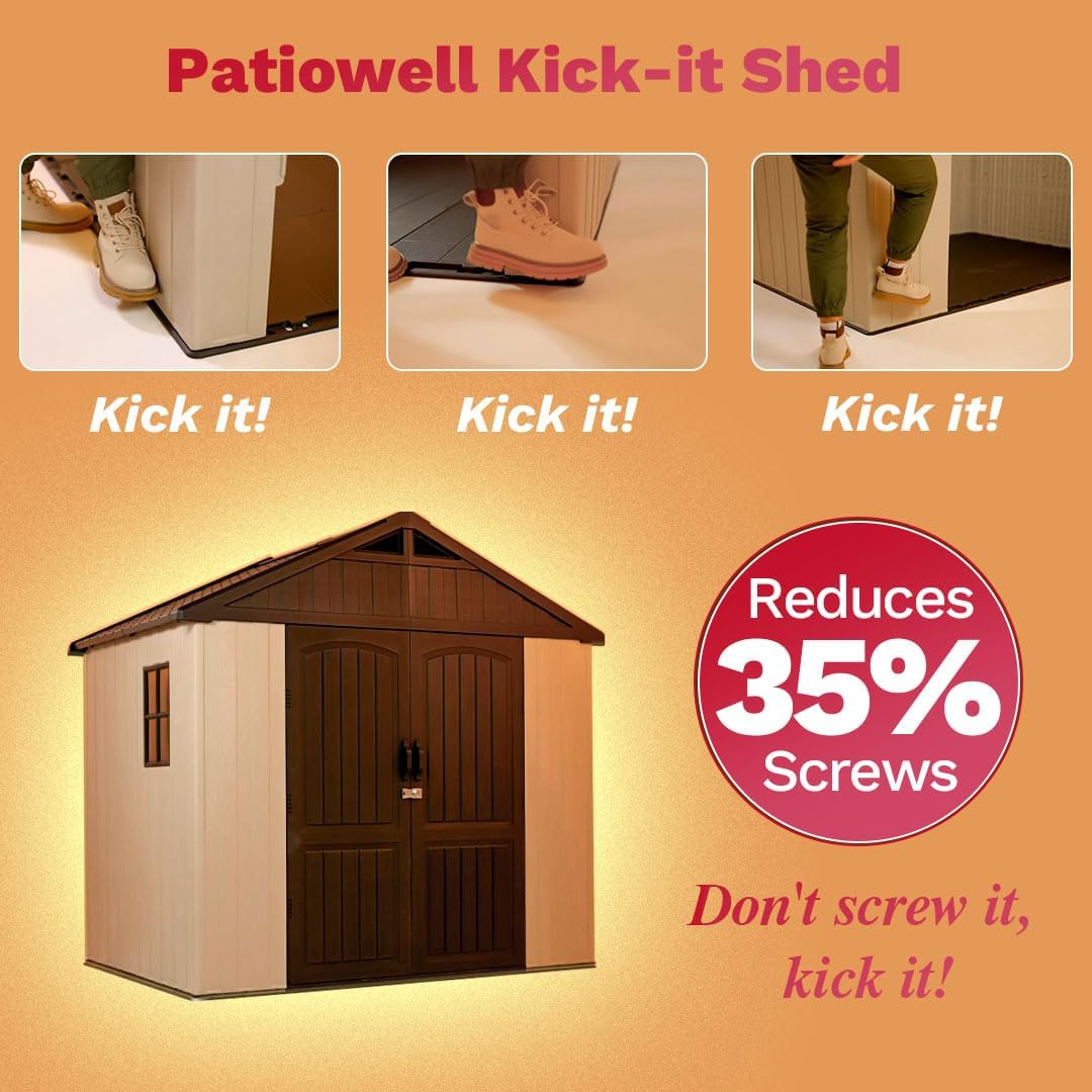 Patiowell Cobertizo de almacenamiento de plástico para exteriores de 8 x 6 pies con piso, cobertizo de resina con ventana y puerta con cerradura