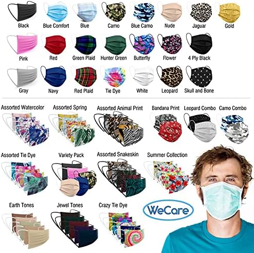 WeCare – Cubrebocas desechables para adultos, envueltos individualmente, paquete de 50, máscaras faciales de colores