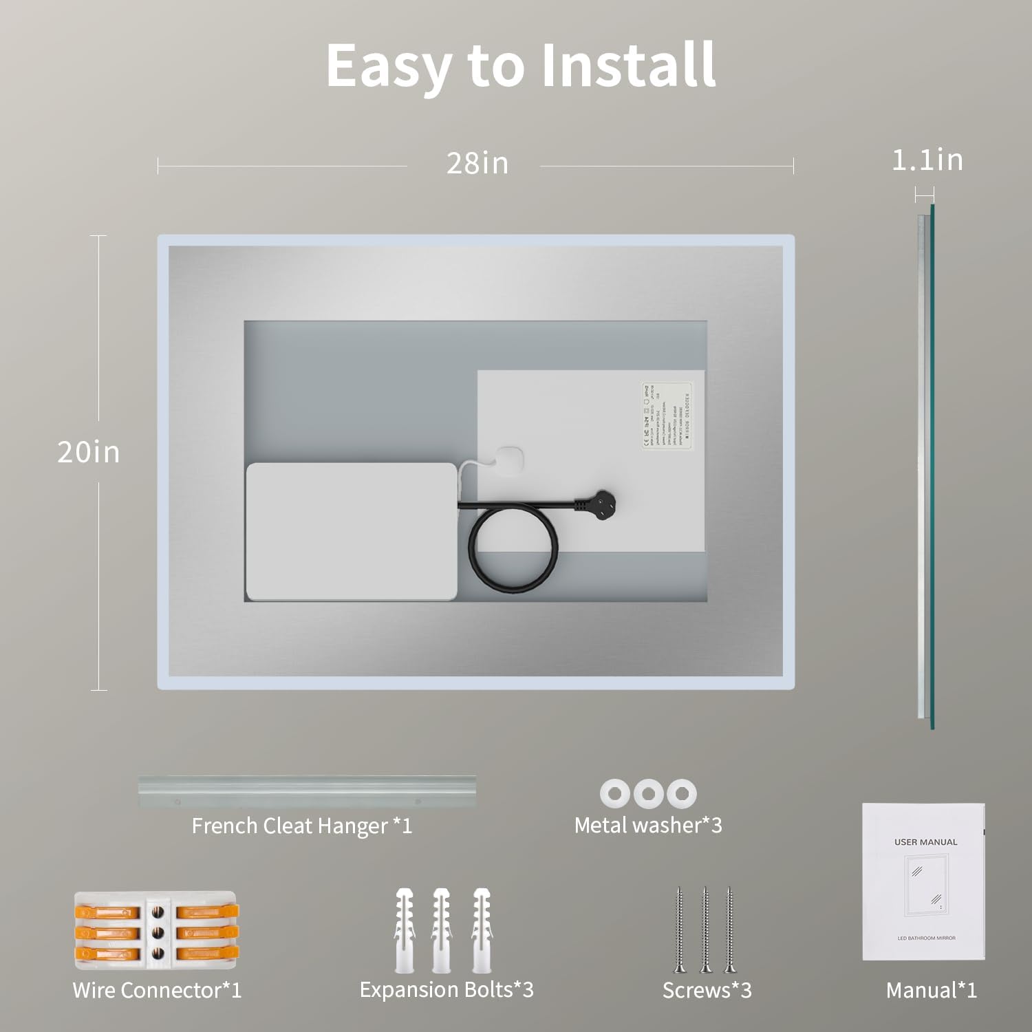 SHUAFA Espejo LED para baño, retroiluminado de 20 x 28 pulgadas + espejo de tocador de baño iluminado frontal con luces, tiras de luz dobles, 3