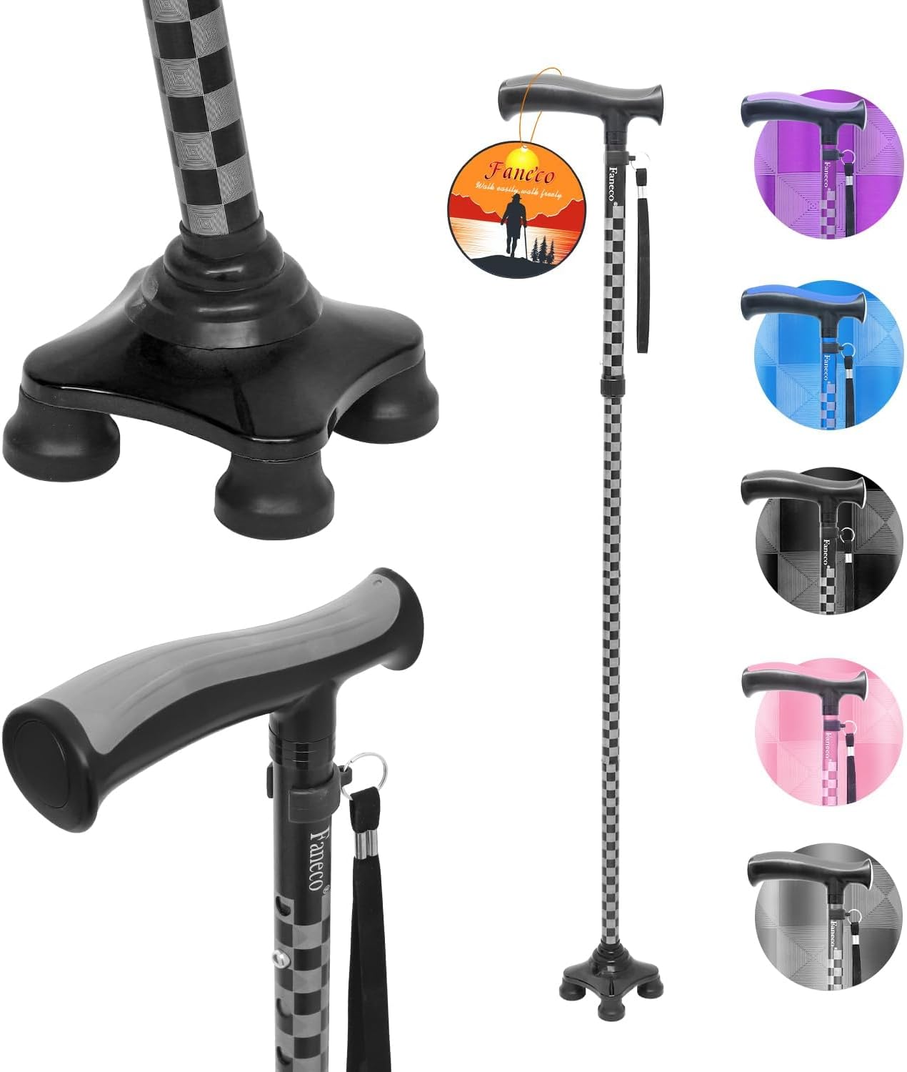 Bastón para ancianos, bastón plegable para personas mayores, base cuádruple giratoria, bastón ligero y ajustable para hombres y mujeres