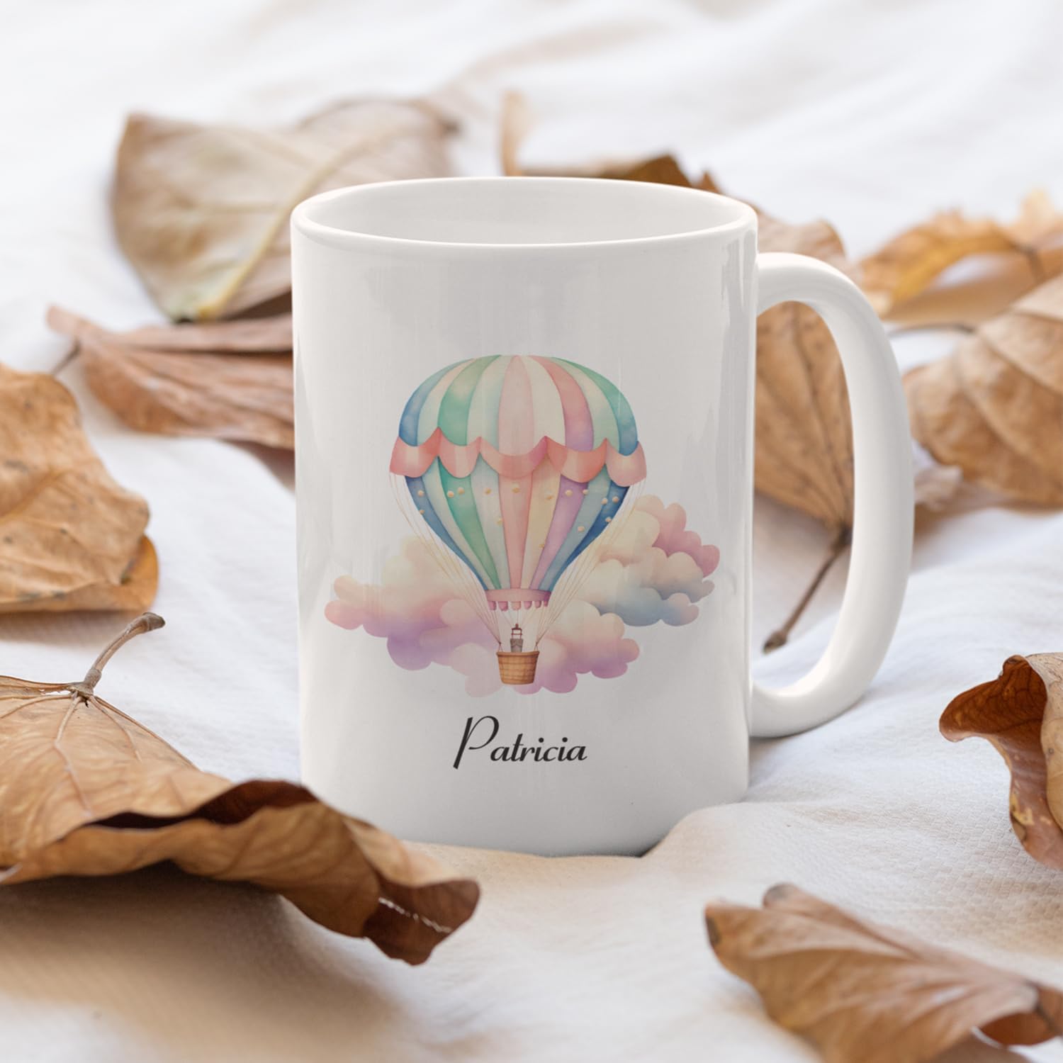 Nombre personalizado Tazas de café para niños, Tazas de café personalizadas pastel colorido globo de aire caliente, Tazas de café y té de chocolate