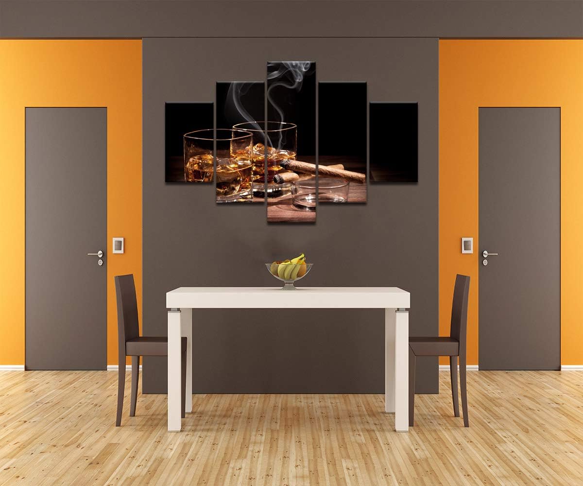 Lienzo decorativo para pared, pintura de cigarros y vino, copa de vino, whisky, cigarrillo, imagen, 5 paneles, licor bodegón, pósters, impresiones