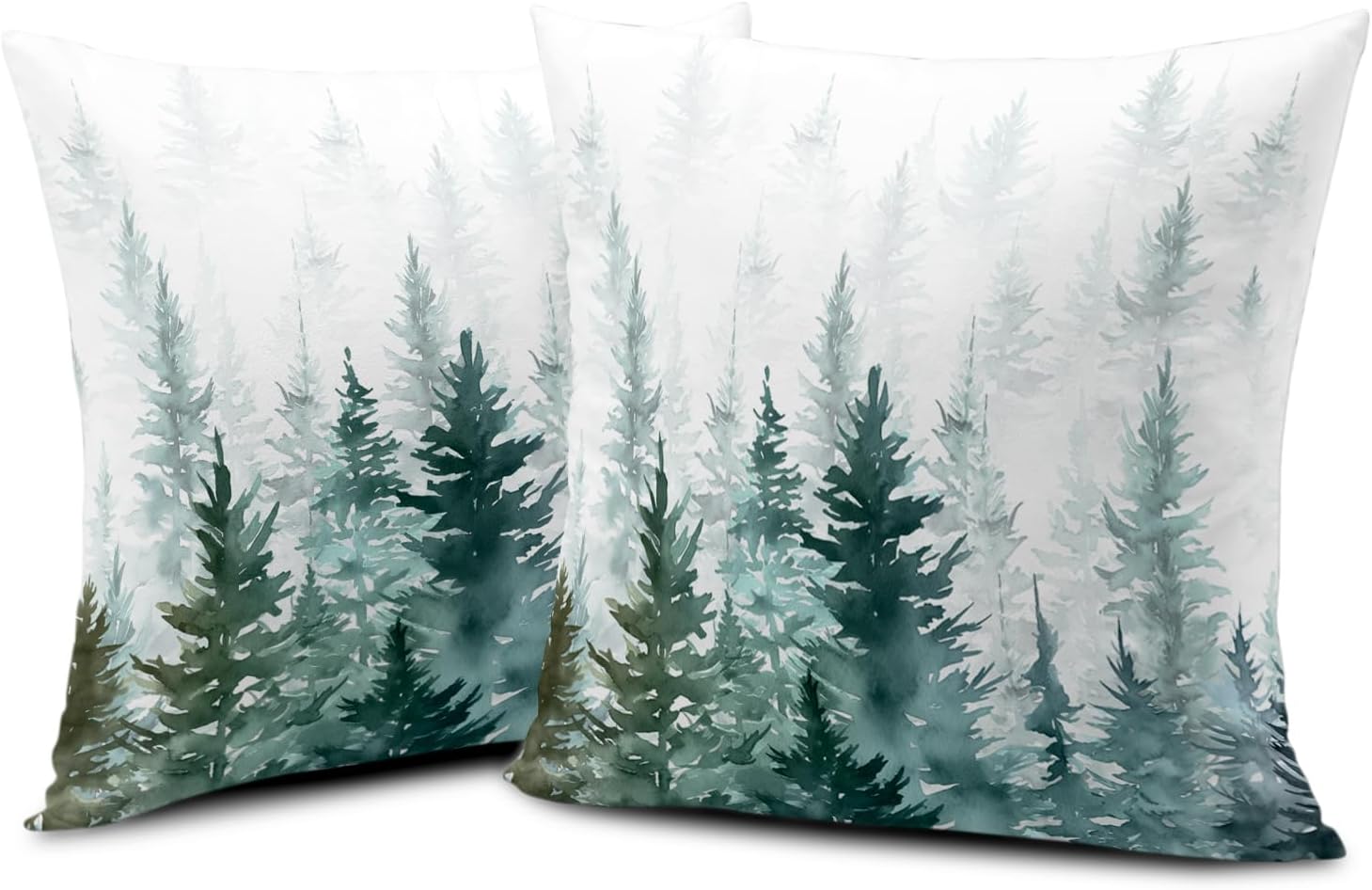Juego de 2 fundas de almohada de árboles verdes acuarela de 18 x 18 pulgadas, fundas de almohada de invierno verde oscuro con temática de