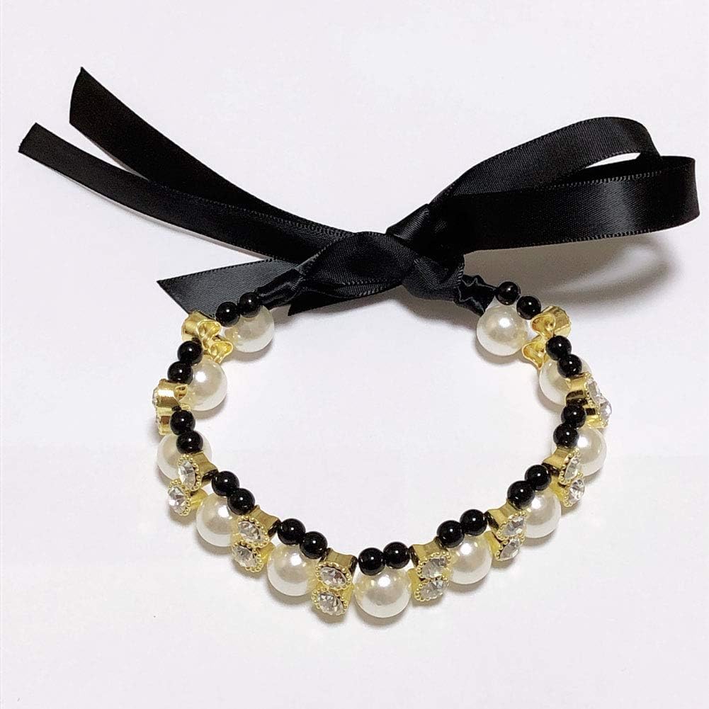 PetFavorites – Collar con 2 filas de perlas de diamante para perro, gato, perlas, collar con abalorio de cinta para perros pequeños, chica,