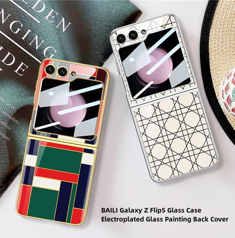 BAILI Funda Z Flip5, cubierta ultrafina de vidrio templado 9H, pintura de color galvanizado Galaxy Z Flip 5, diseño de mármol de lujo de moda con