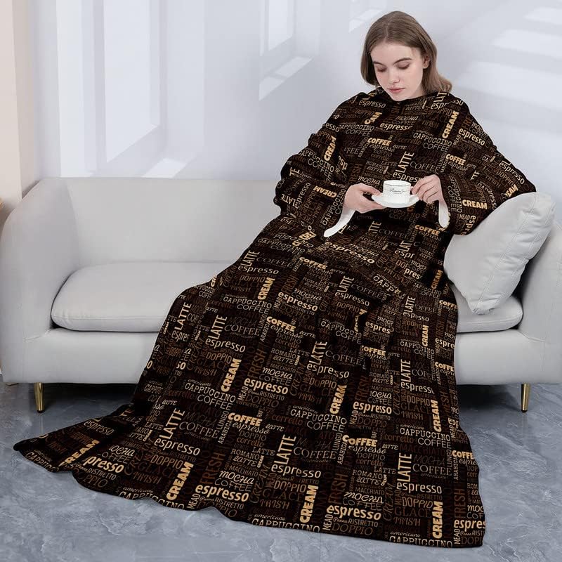 Manta de forro polar con mangas para adultos, niños, mujeres y hombres, manta de felpa retro con palabras de café, manta elegante súper suave y