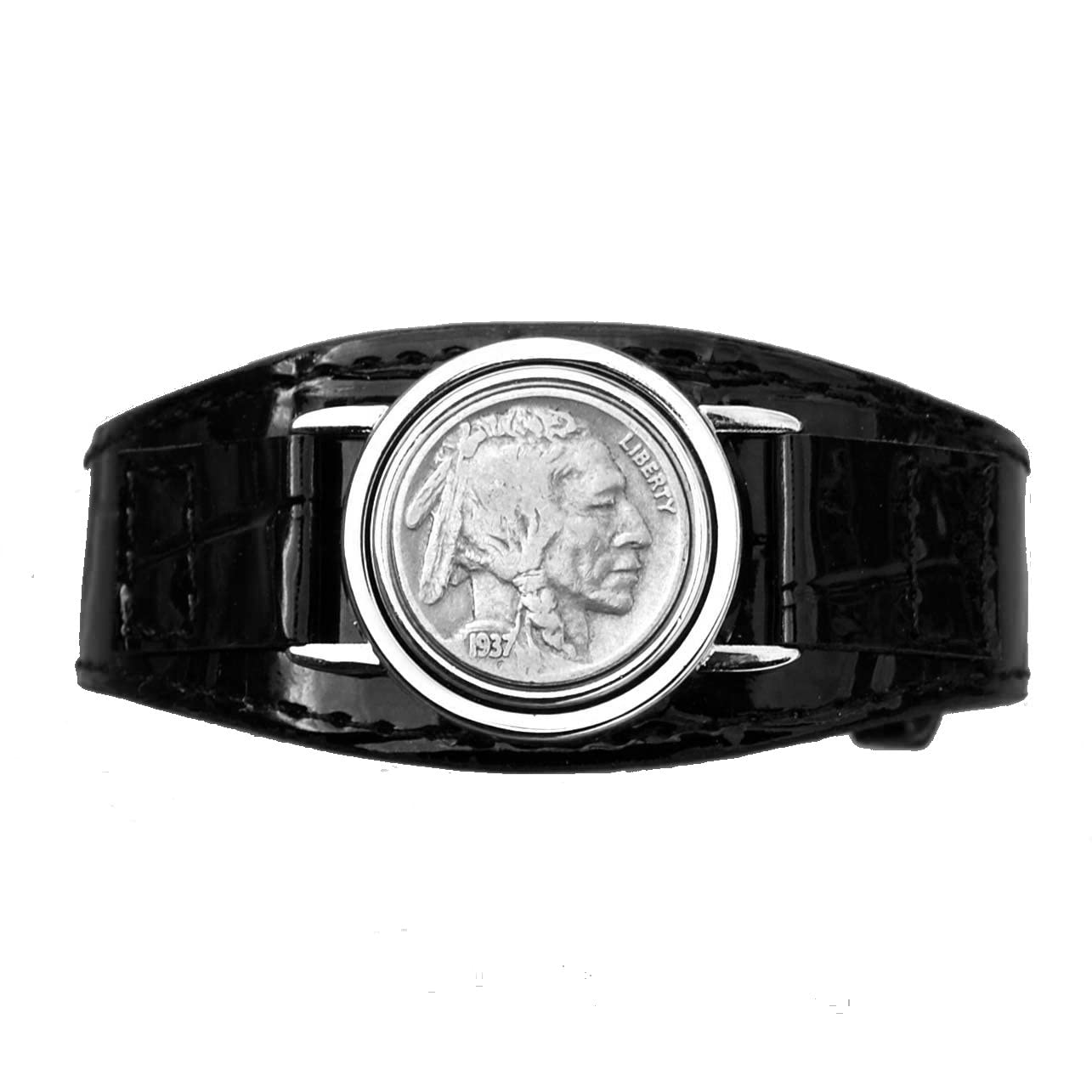 US 1937 Indian Head Buffalo Nickel Coin Magnetic Golf Ball Marker Black PU Faux Leather Golf Bracelet