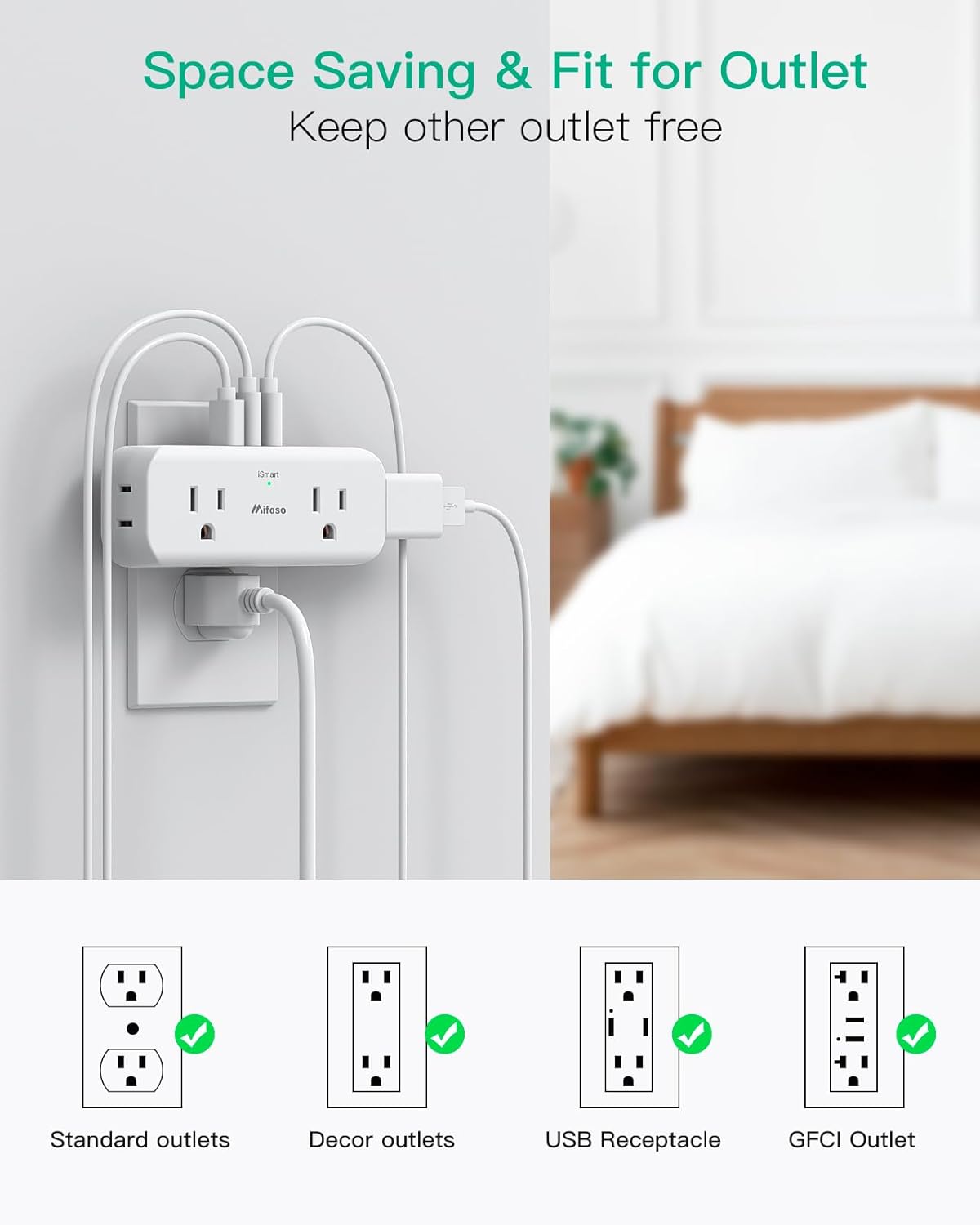 Extensor de tomacorriente, extensión de 4 salidas con 1 cargador de pared USB-A 2 USB-C, divisor de salida de enchufe múltiple, expansor de salida