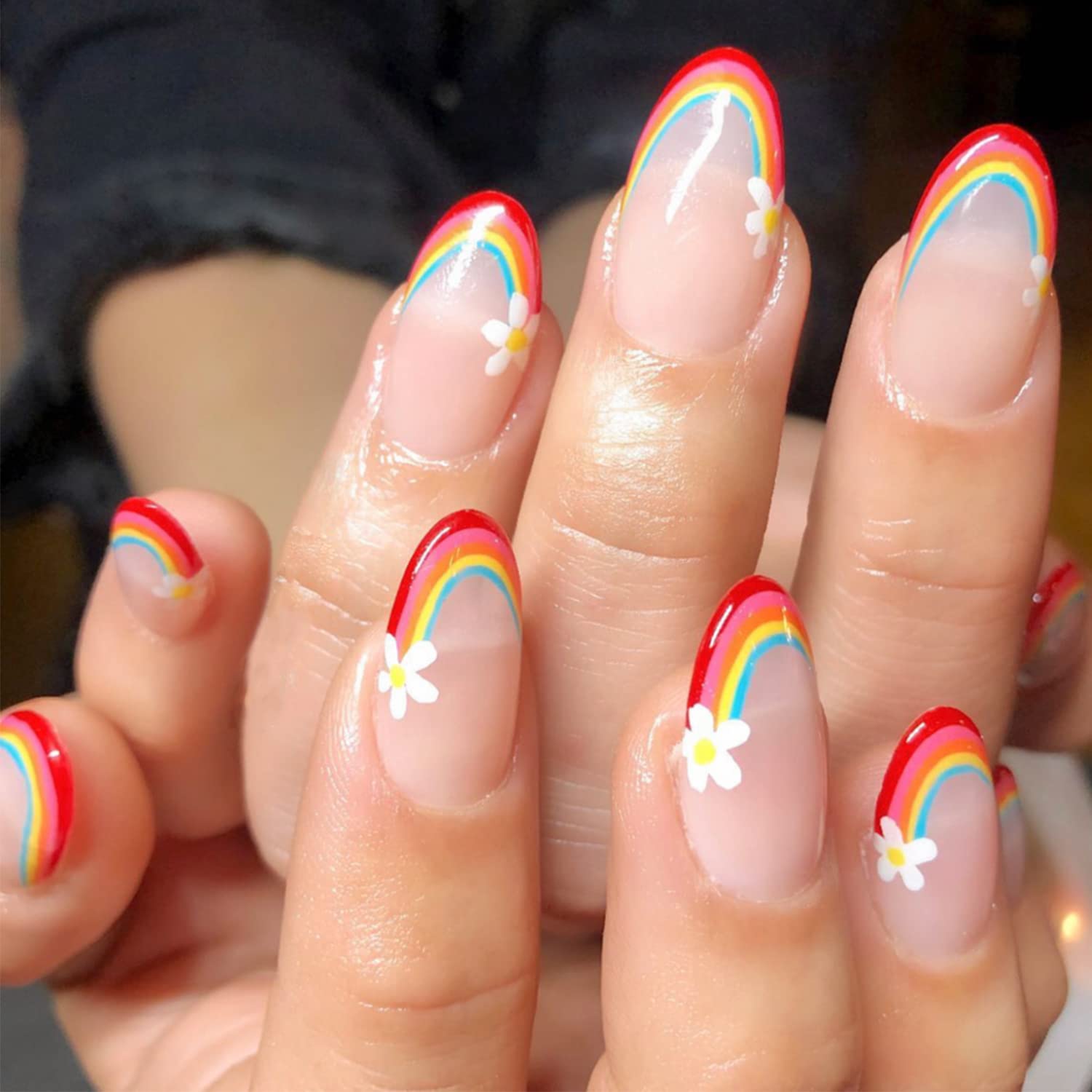 GLAMERMAID – Uñas postizas cortas a presión con punta francesa, uñas postizas de gel ovaladas medianas con diseño de flores de arcoíris, uñas