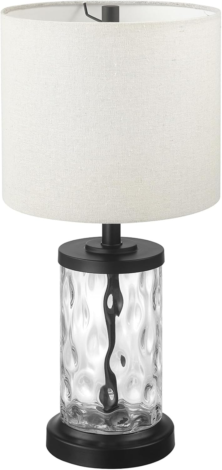 Globe Electric 61000044 Lámpara de mesa de vidrio regado rellenable de 20 pulgadas, base de bronce aceitado, pantalla de lino beige, cable negro,