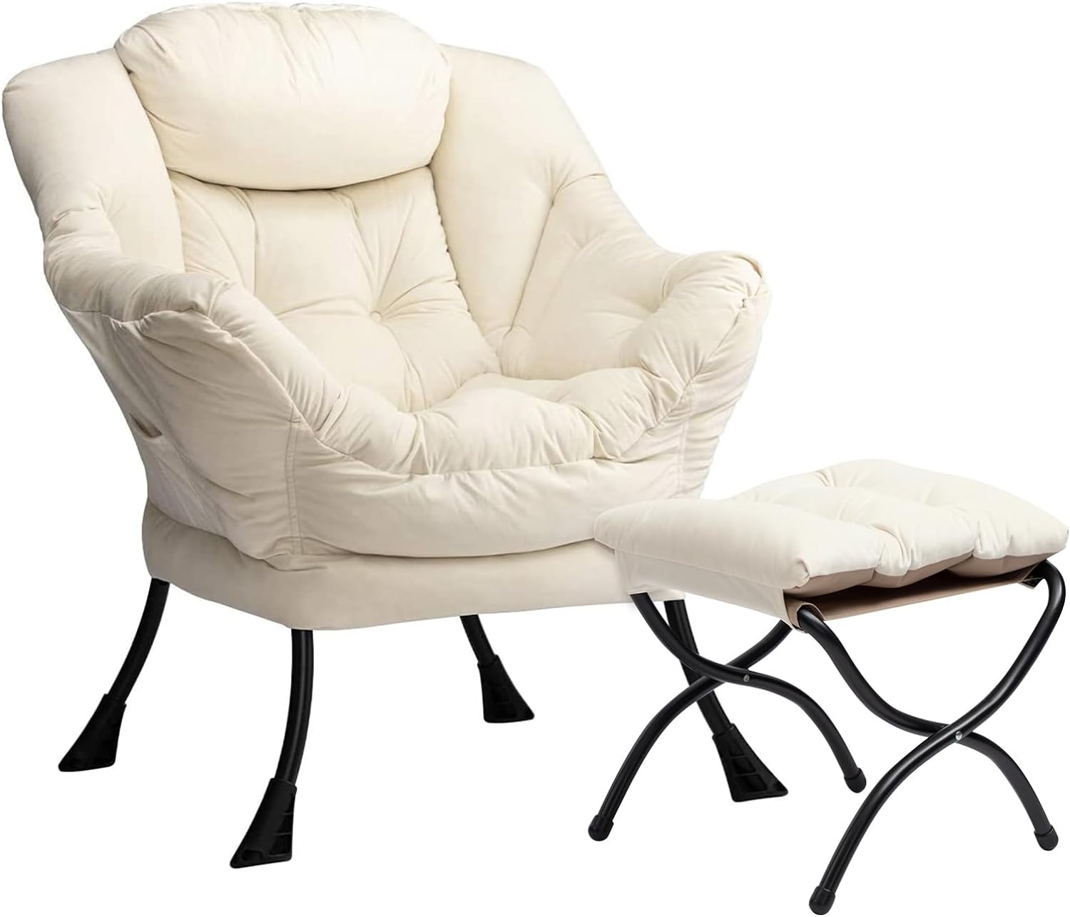 AcozyHom Moderno juego de silla perezosa de tela y reposapiés plegable, sillón contemporáneo y otomano portátil, sofá de ocio con marco de acero y