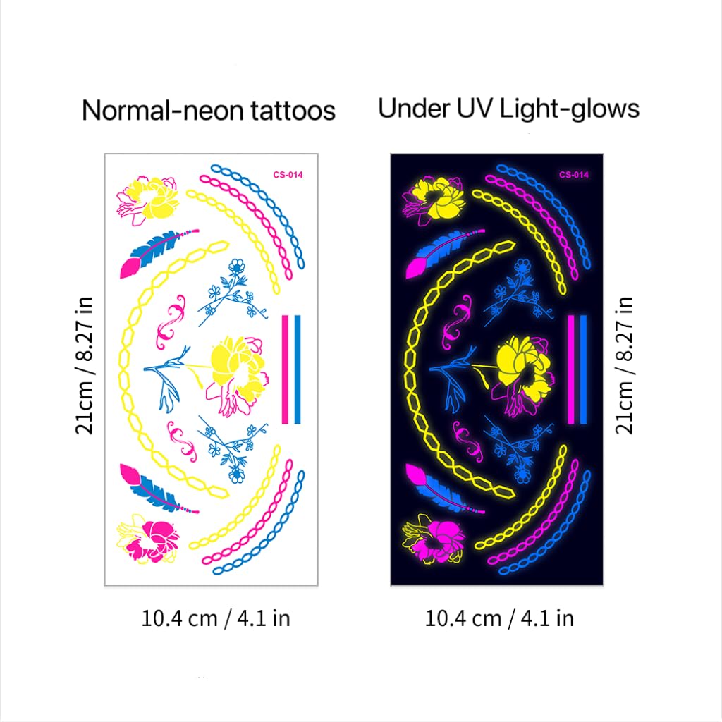 12 tatuajes temporales que brillan en la oscuridad de tamaño grande  Adhesivos fluorescentes fluorescentes de neón para adultos con purpurina