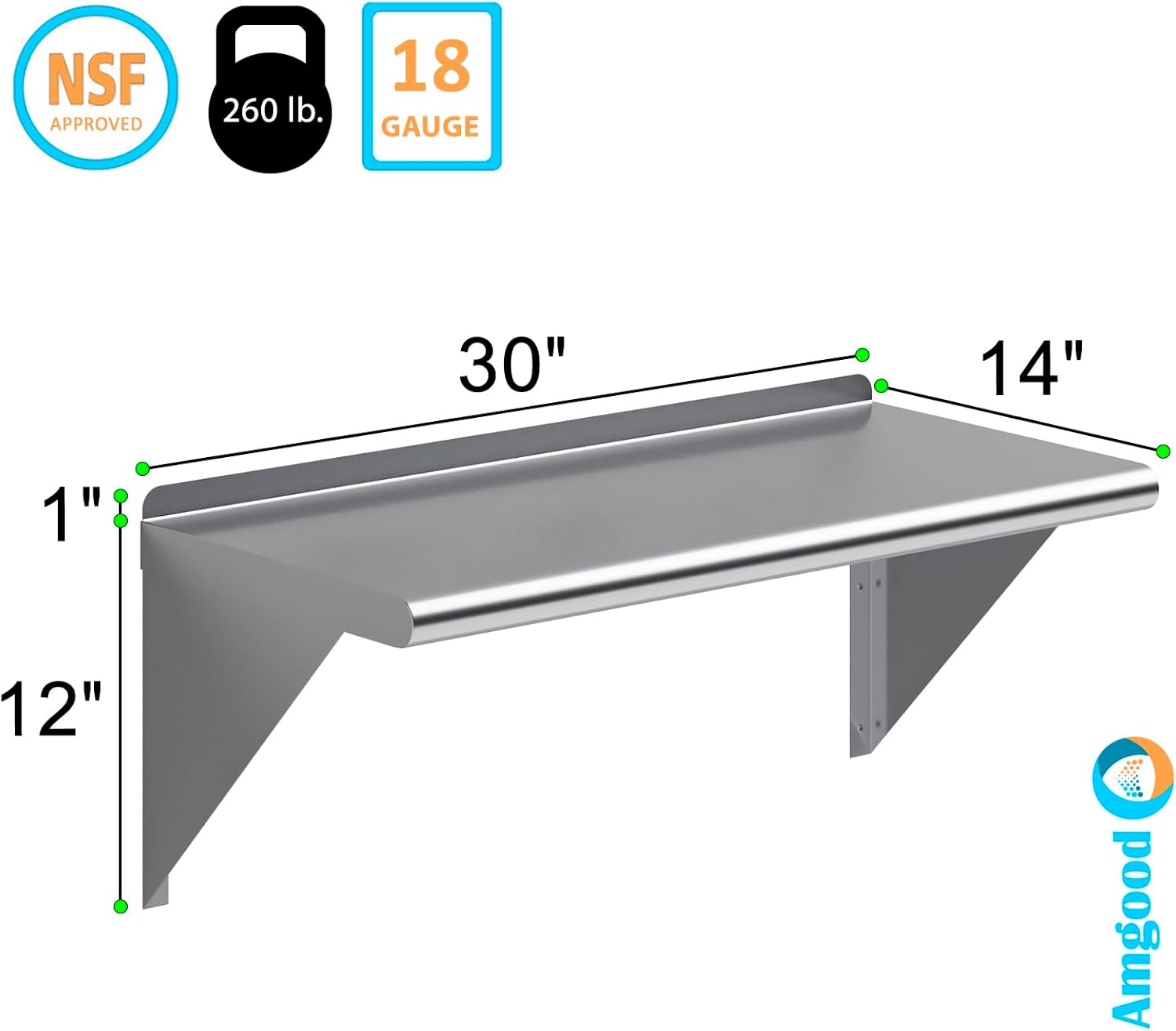 AmGood Estantería de pared de acero inoxidable  Certificado NSF  Estantería metálica para electrodomésticos y equipos  Cocina, Restaurante, Garaje,