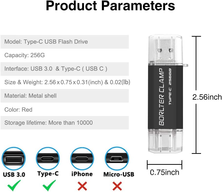 BorlterClamp – Memoria USB C OTG de 256 GB, USB 3.0 tipo C OTG para teléfonos inteligentes Android, Samsung Galaxy S10S9S8Note 9, LG, Google Pixel,