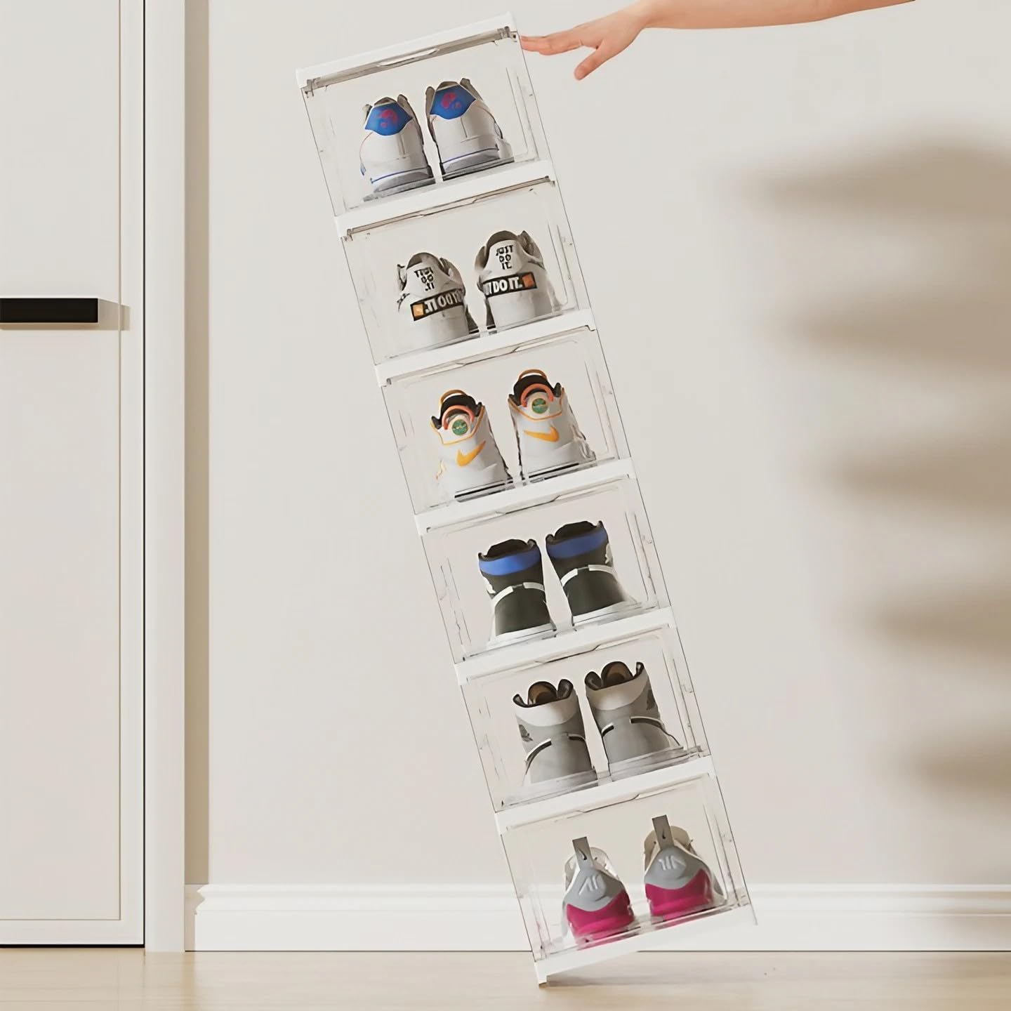 Cajas de almacenamiento de zapatos apilables transparentes, no requiere montaje, organizador de zapatos transparente con tapas, estante de plástico