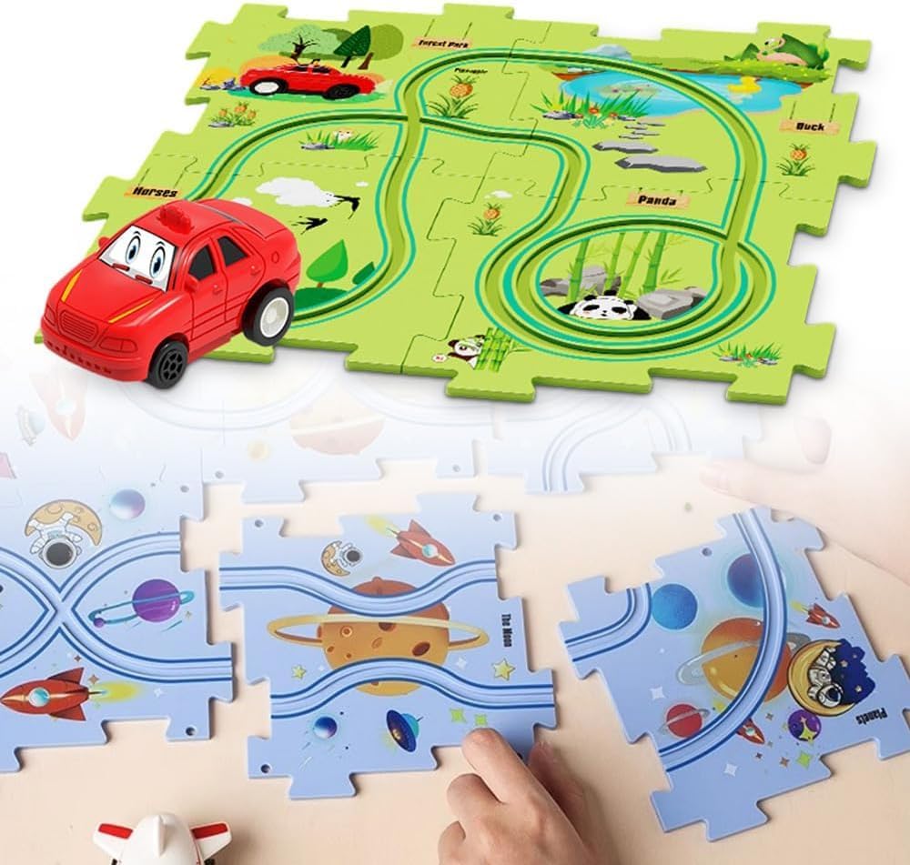 Juego de rompecabezas de coche de pista, carrito eléctrico de ensamblaje, vehículo de juguete y tablero de rompecabezas de montaje, regalos para